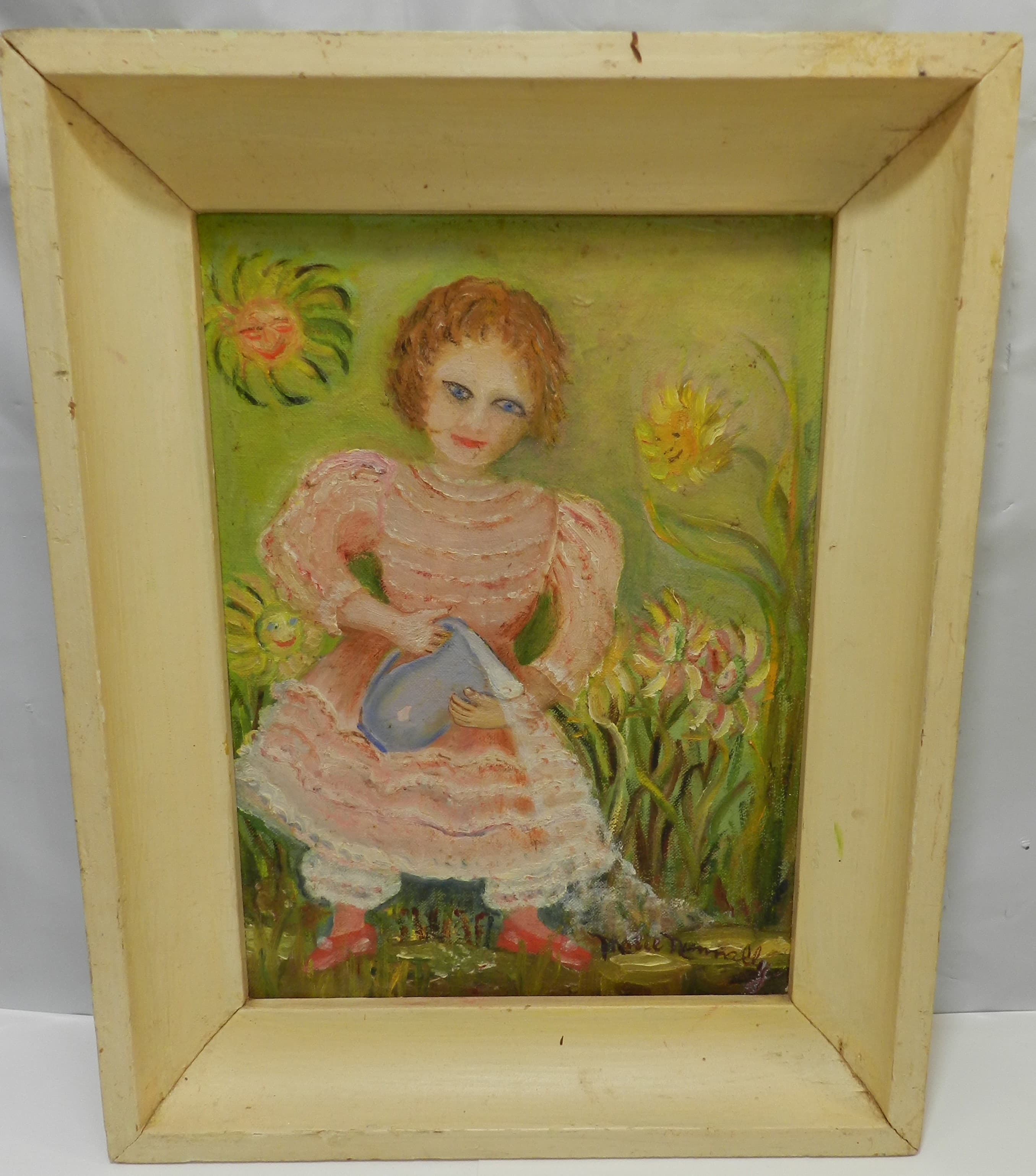 VTG Oil Paintingy by Marie Nunnally "Mistress Marry Watering the Garden" O74S