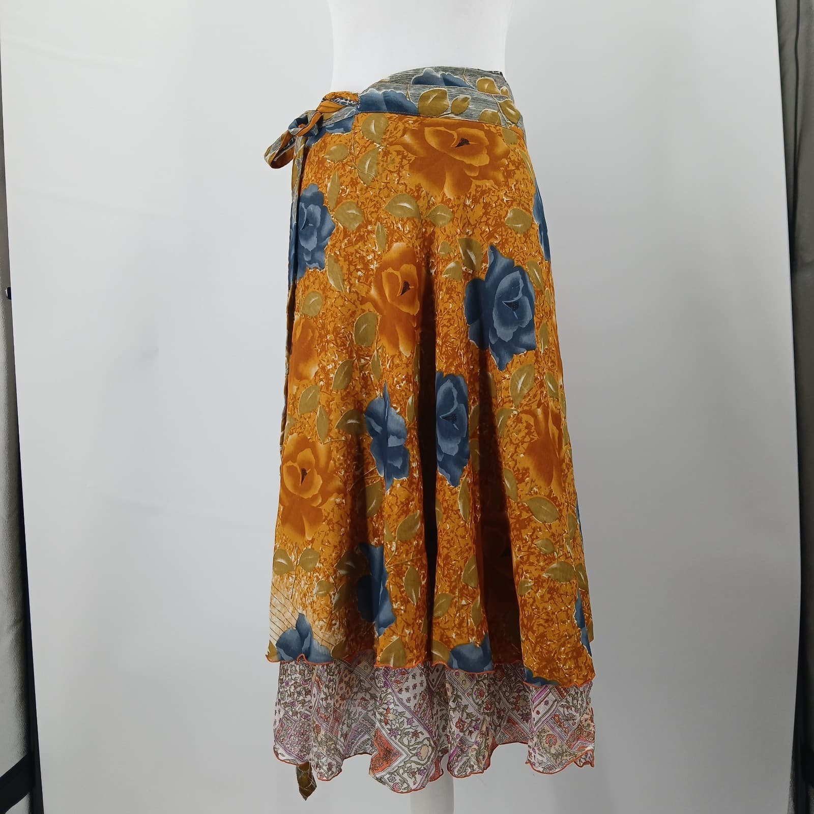 Silk Wrap Midi Skirt Womens One Size Fits All Floral Reversible Boho Hippie