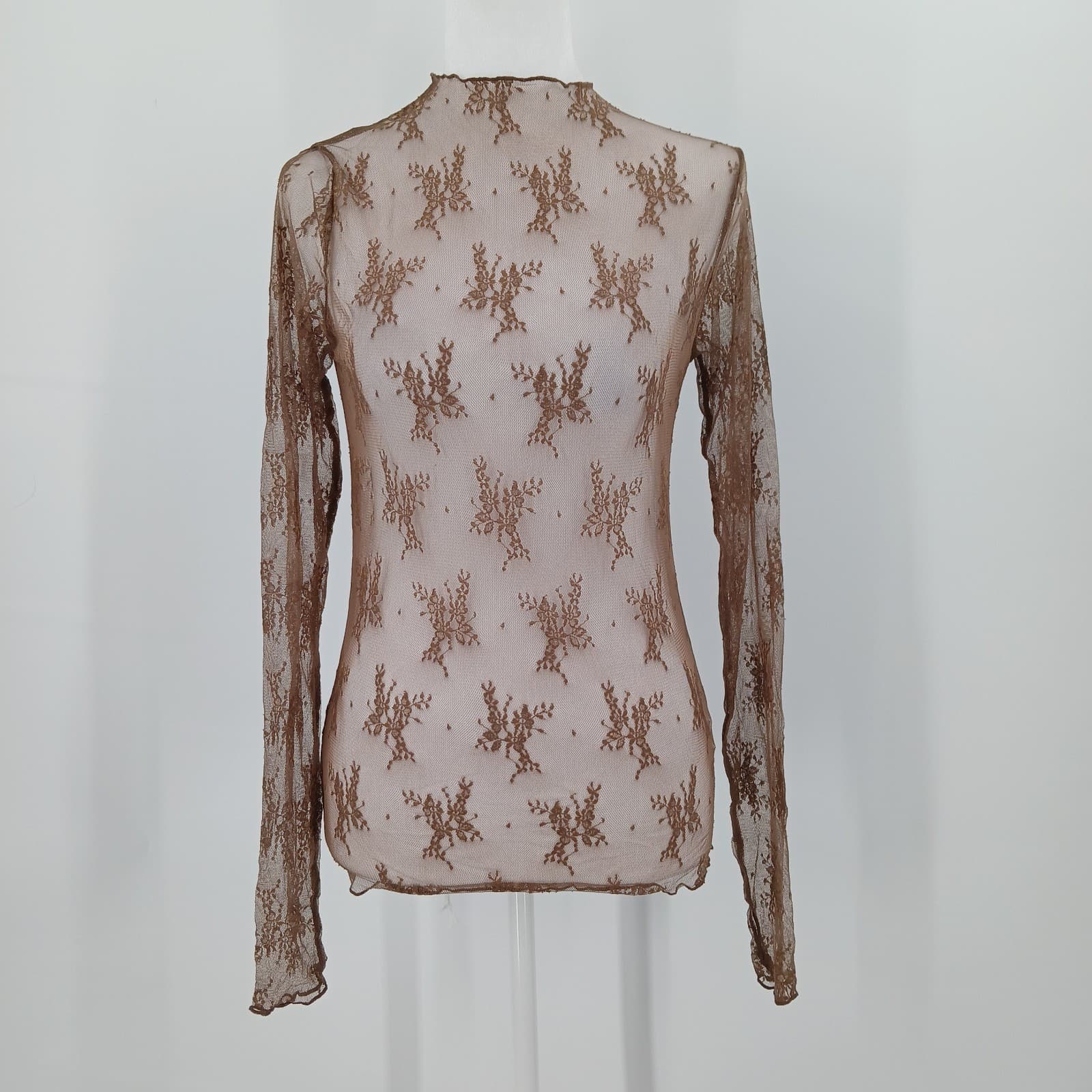 Lace Sheer Long Sleeve Top Womens S Beige Floral Fairycore Coquette Aesthetic