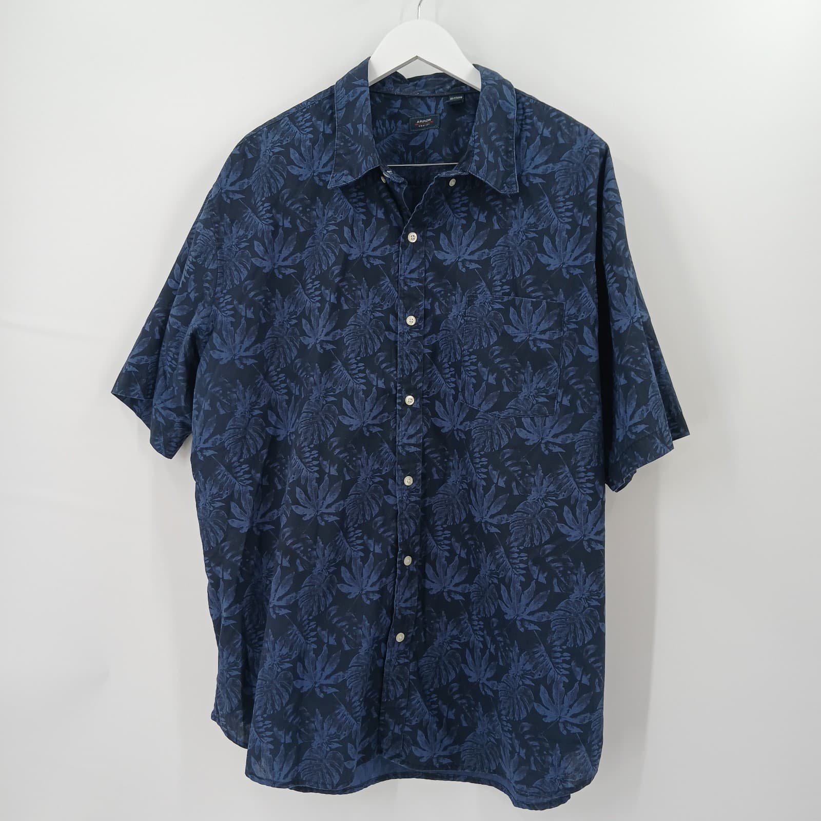 Arrow Hawaiian Leaf Print Button Front Shirt Mens XXL Blue Resortwear Aesthetic