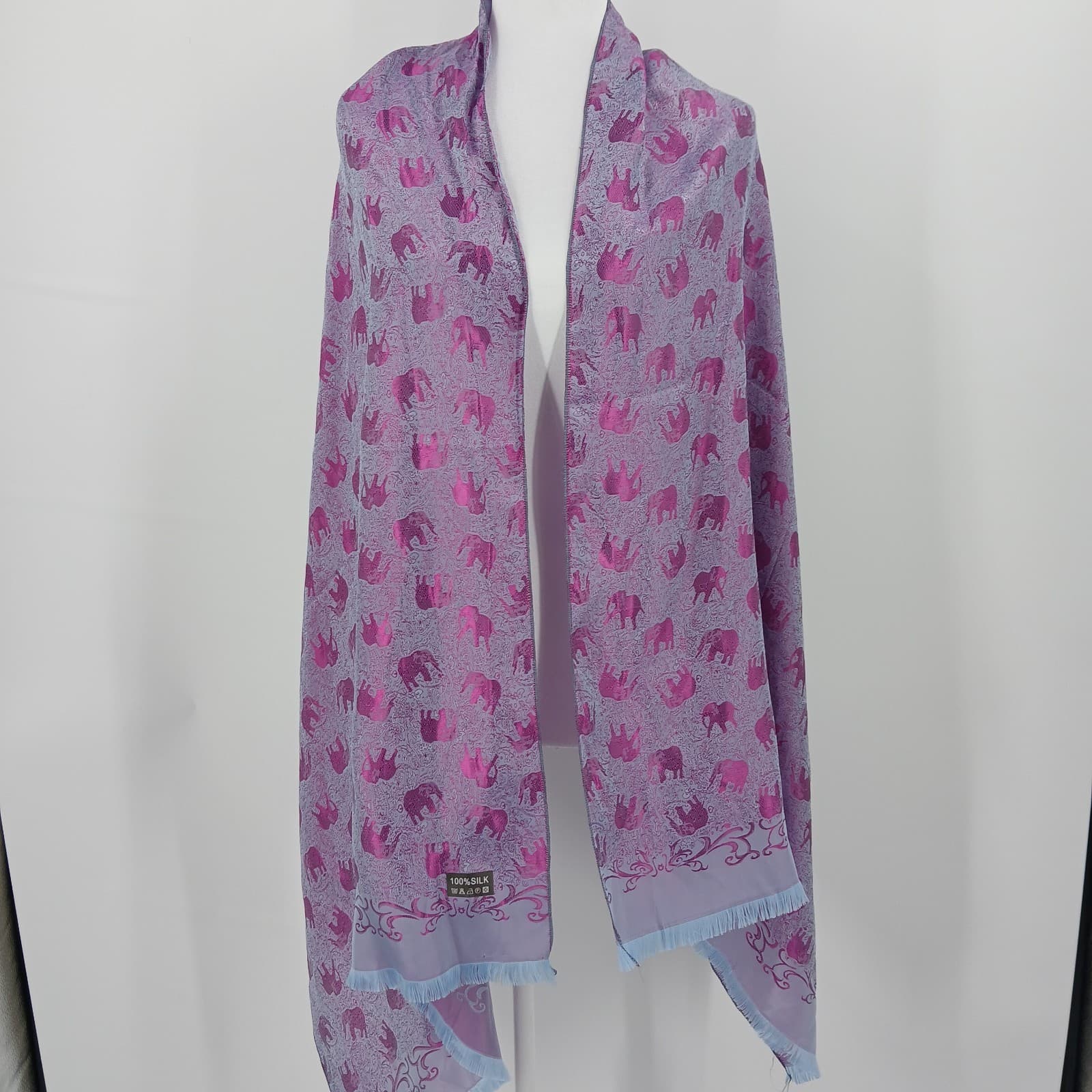 Scarf Shawl Pashmina Purple 100% Silk Elephant Print Luxe Aesthetic