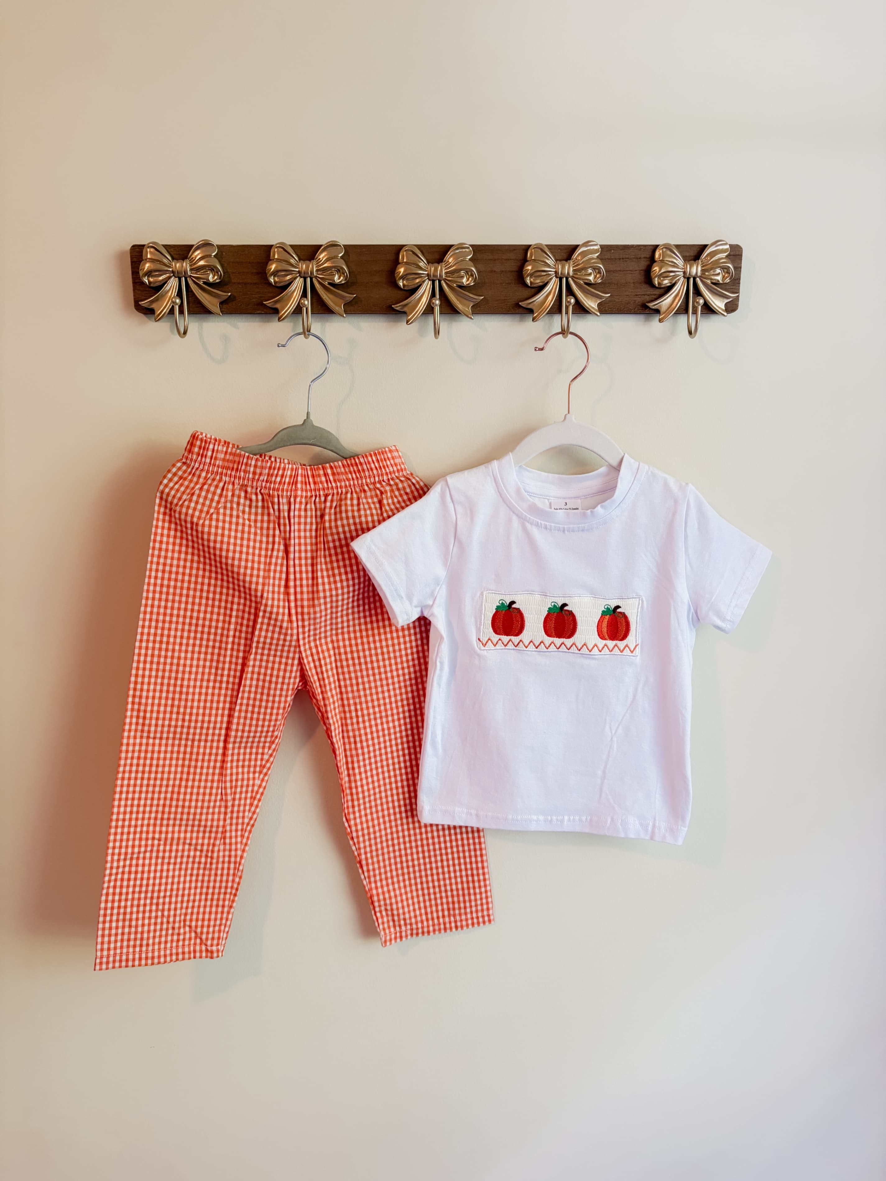 Boys size 3 Smocked Pumpkin Shirt and Gingham Pants Set