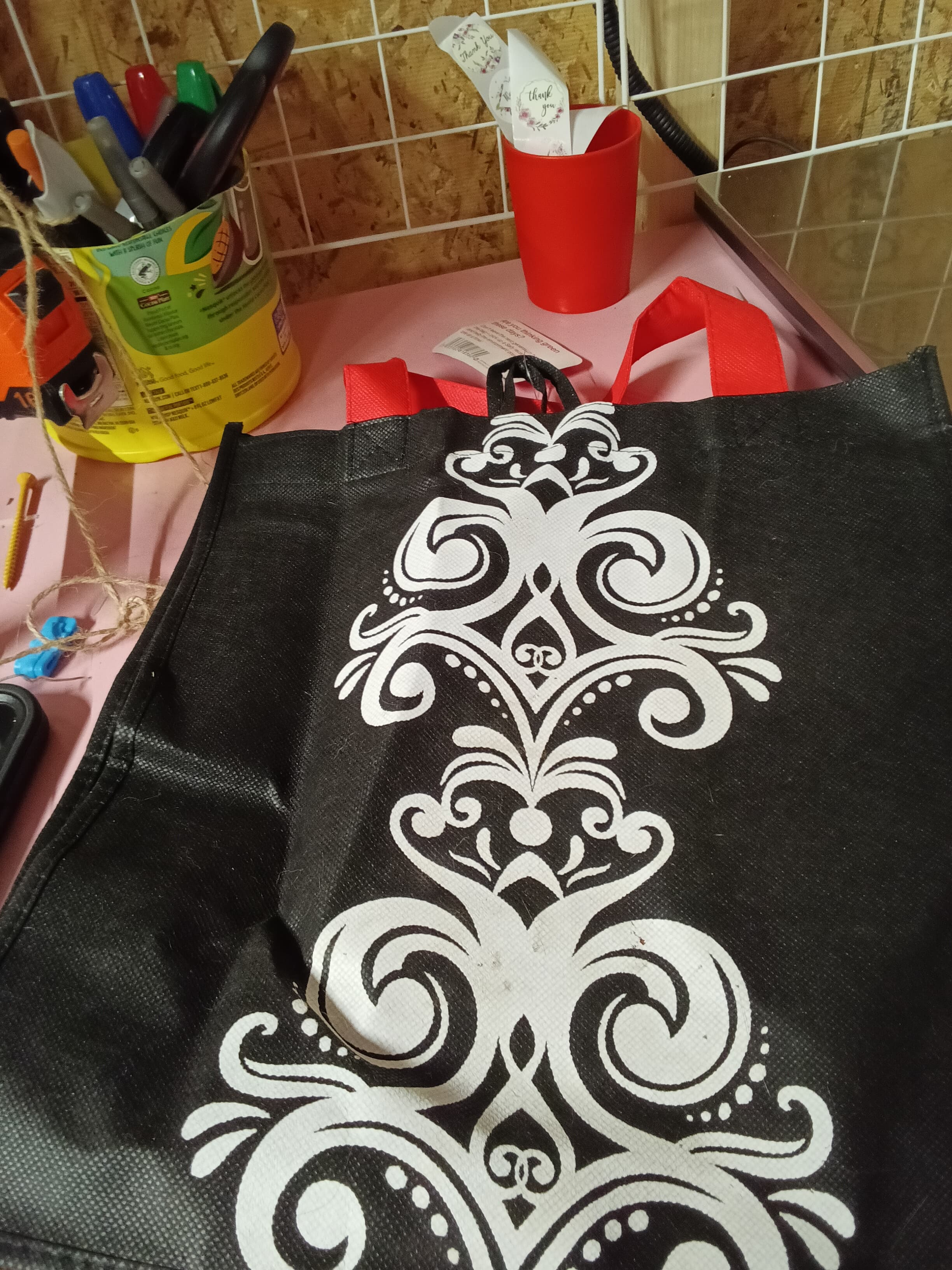 Sally Beauty Black Tote Bag with Red Handles