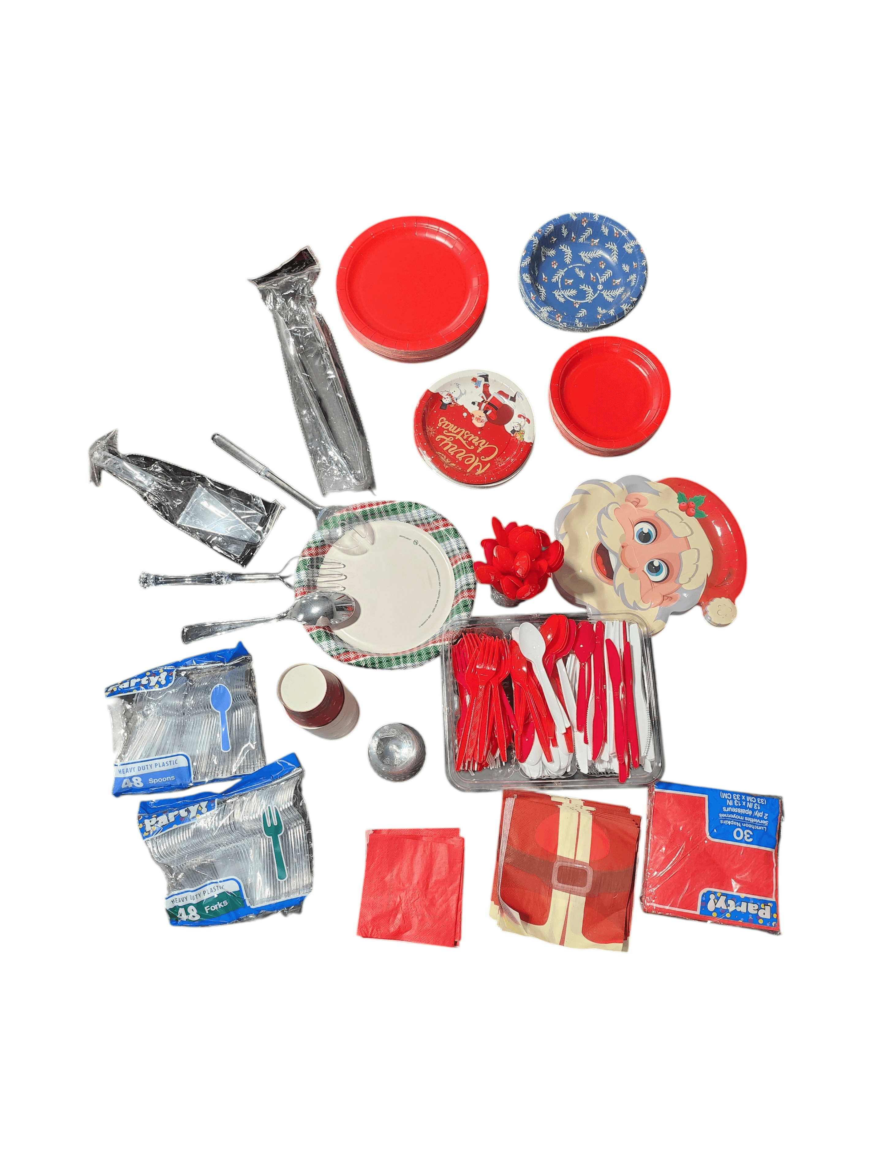 Assorted Christmas Disposable Cups, Plates, Napkins, Plasticware (forks, knives, spoons) & serving utensils. Set
