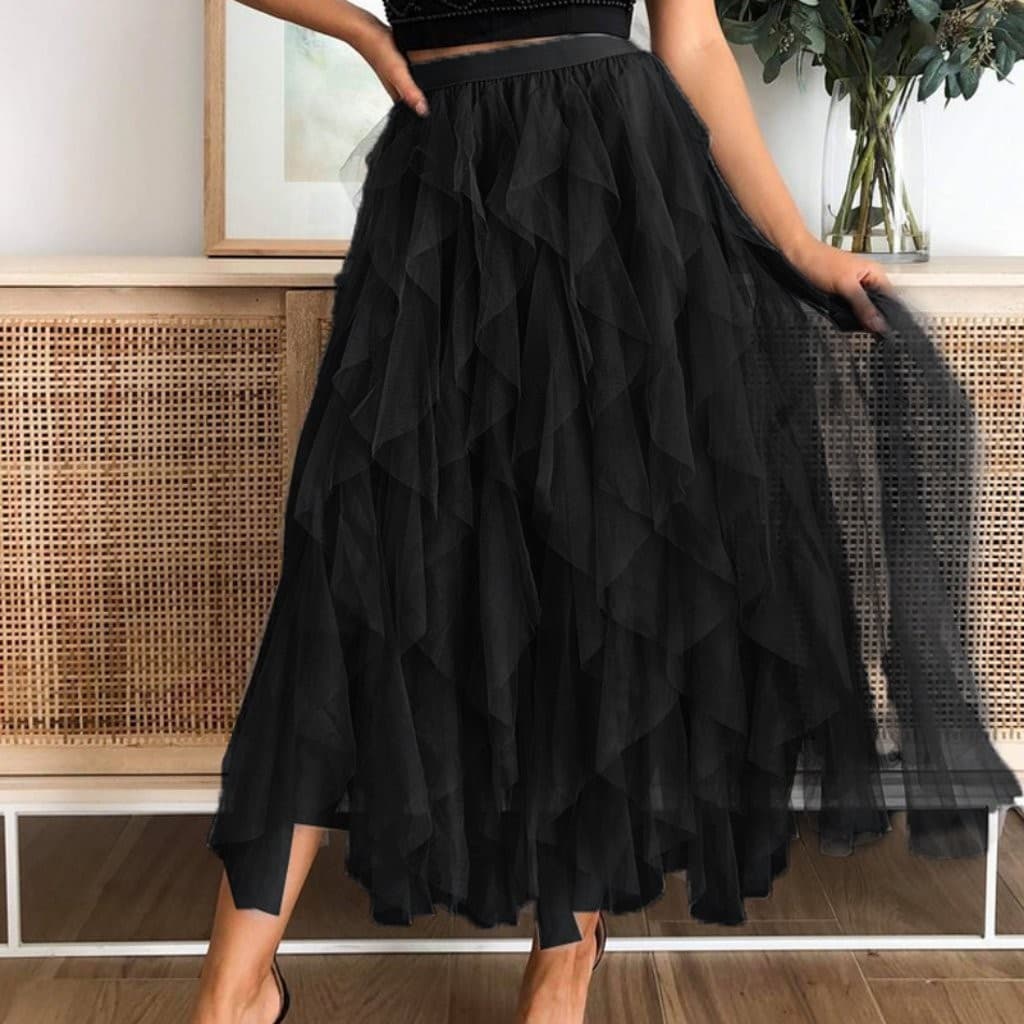 A-line Long Tulle Skirt. Black. Elastic Waist. Fully Lined. Dress Up or Down