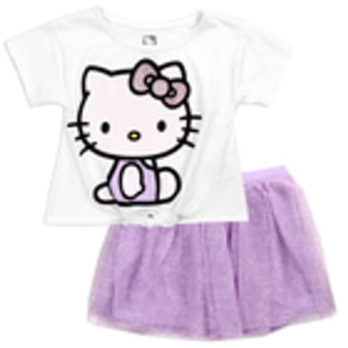 Hello Kitty Girls 2 Piece Tutu Skirt Set Glitter Bow Top Purple Skirt Sizes 5-6x