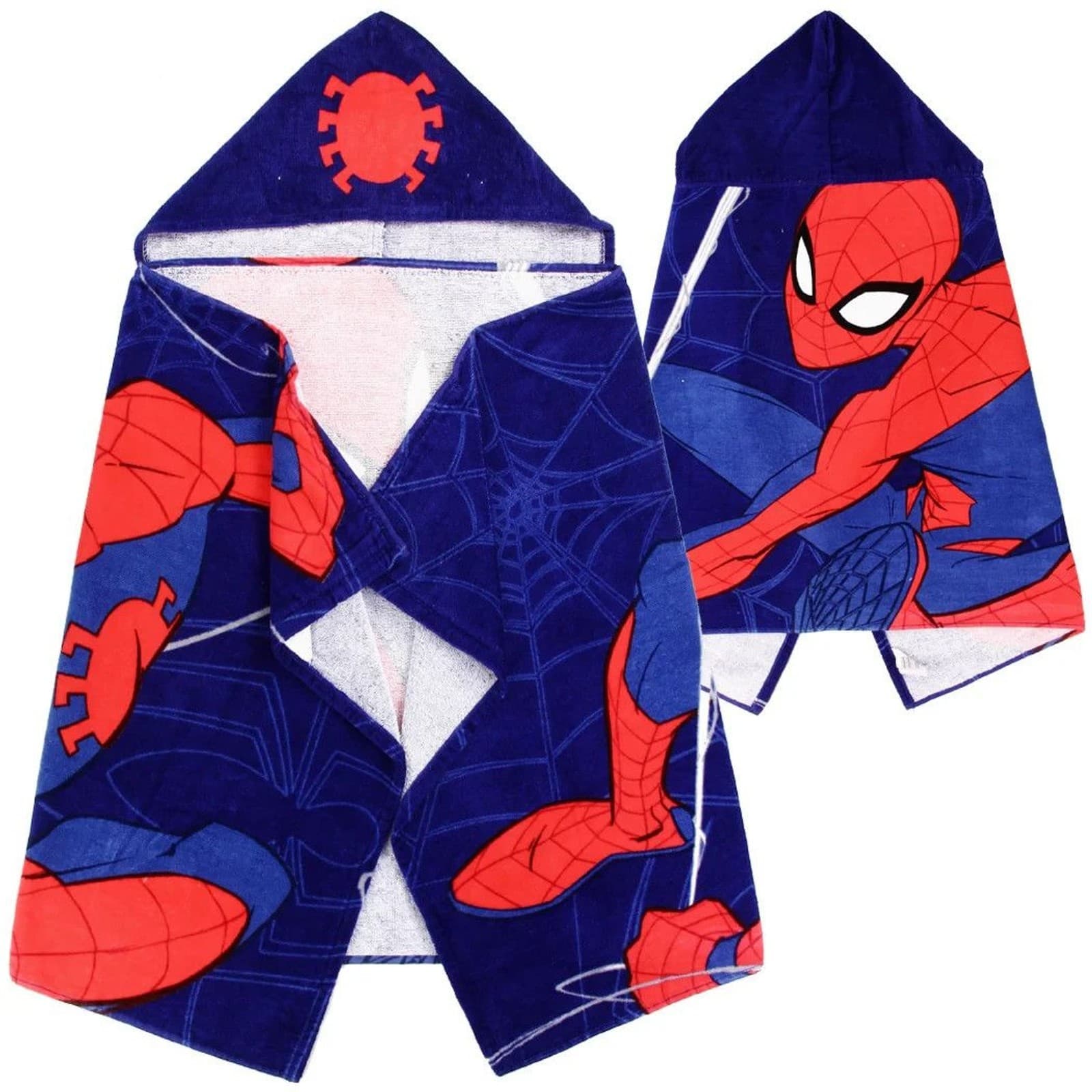 Marvel Spider-Man Kids Bath Hooded Towel Wrap 51x22 Cotton Bright Red Navy Blue