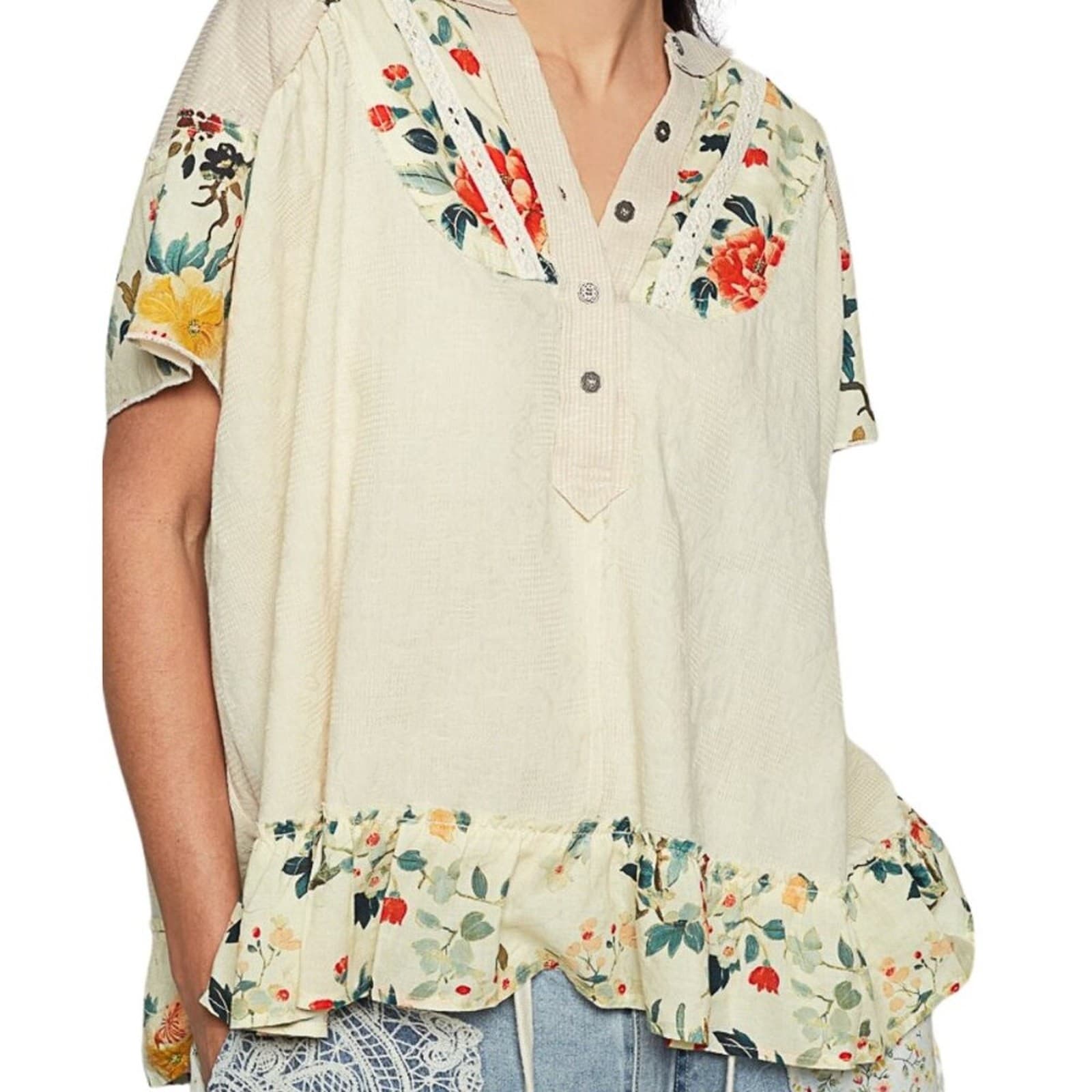POL Floral Ruffle Placket Top Short Sleeve Cotton Blend Blouse Relaxed Fit NWT