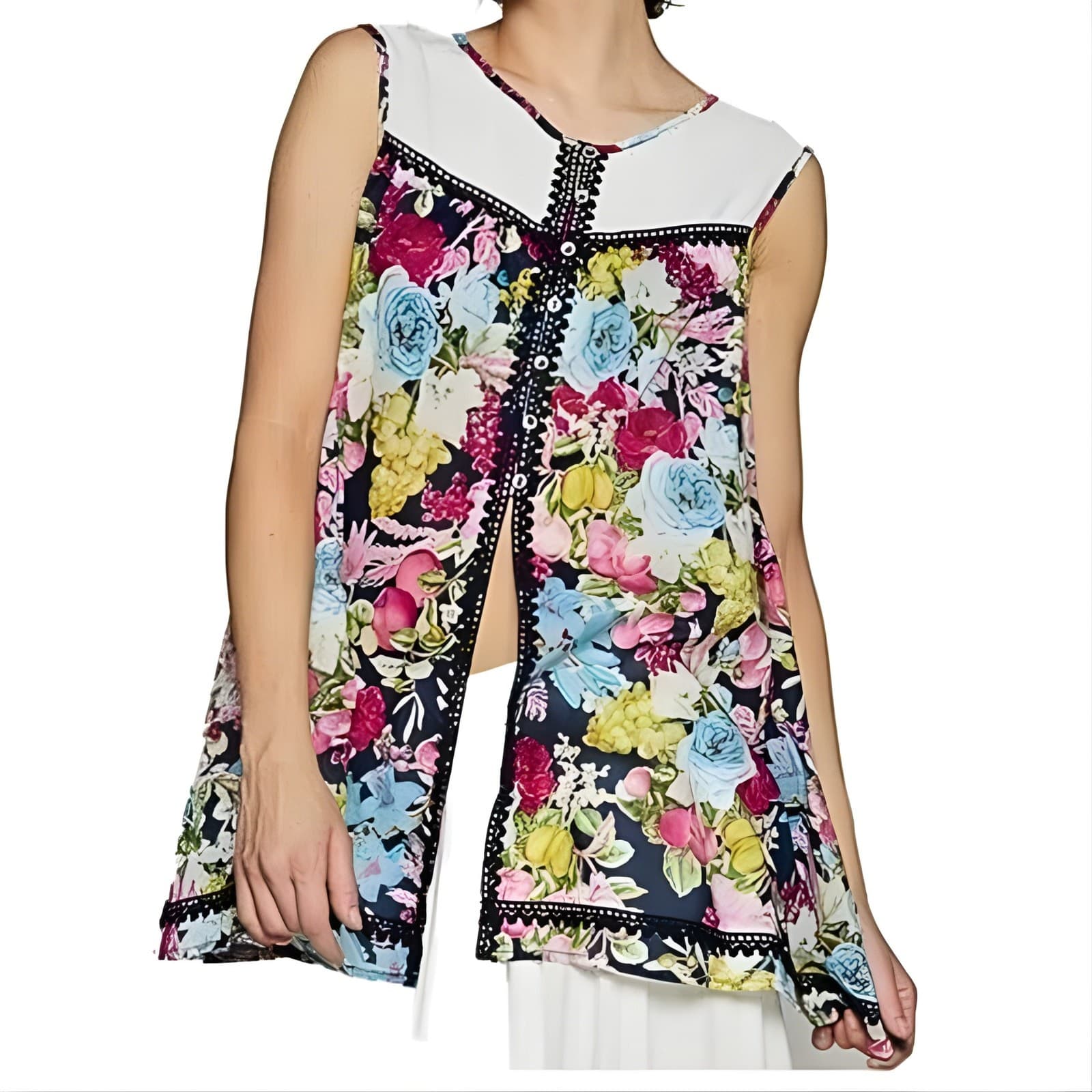 POL Floral Woven Cotton Sleeveless Blouse Buttons Lightweight Flowy Size S-L NWT
