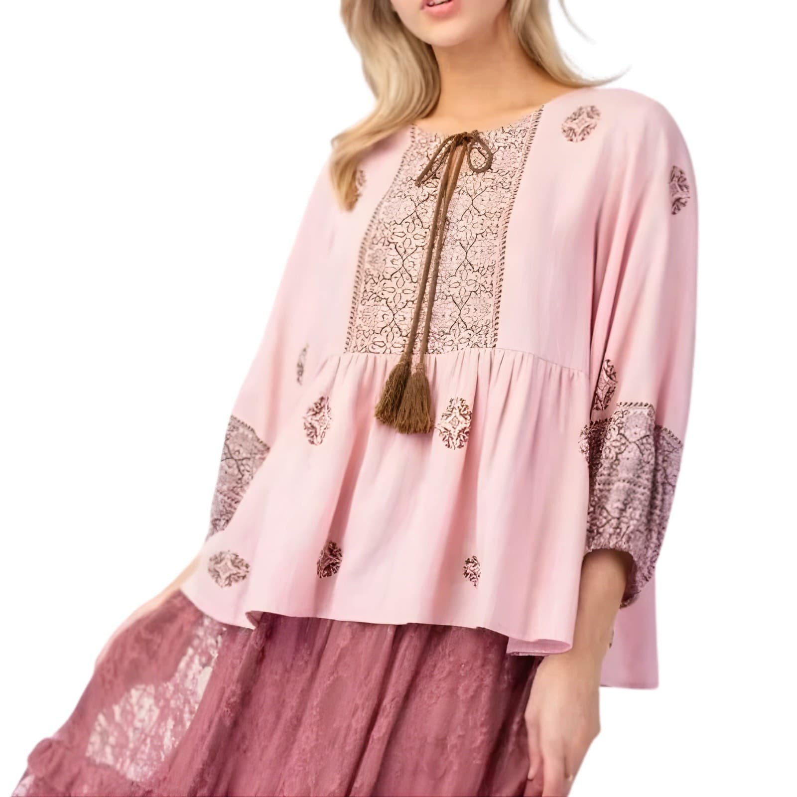 Easel Tunic Boho Printed Poly Linen, Tassel Tie, Ruffled Hem Dusty Rose S M L