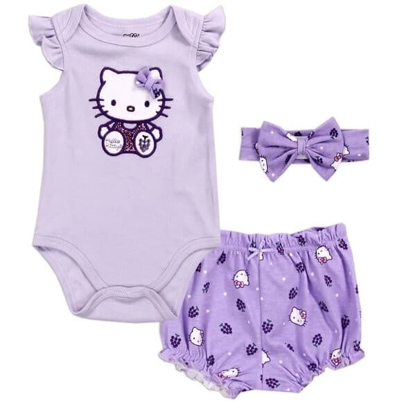 Hello Kitty Gift Set Purple Bodysuit Headband Shorts Purple White Glitter 0-9M