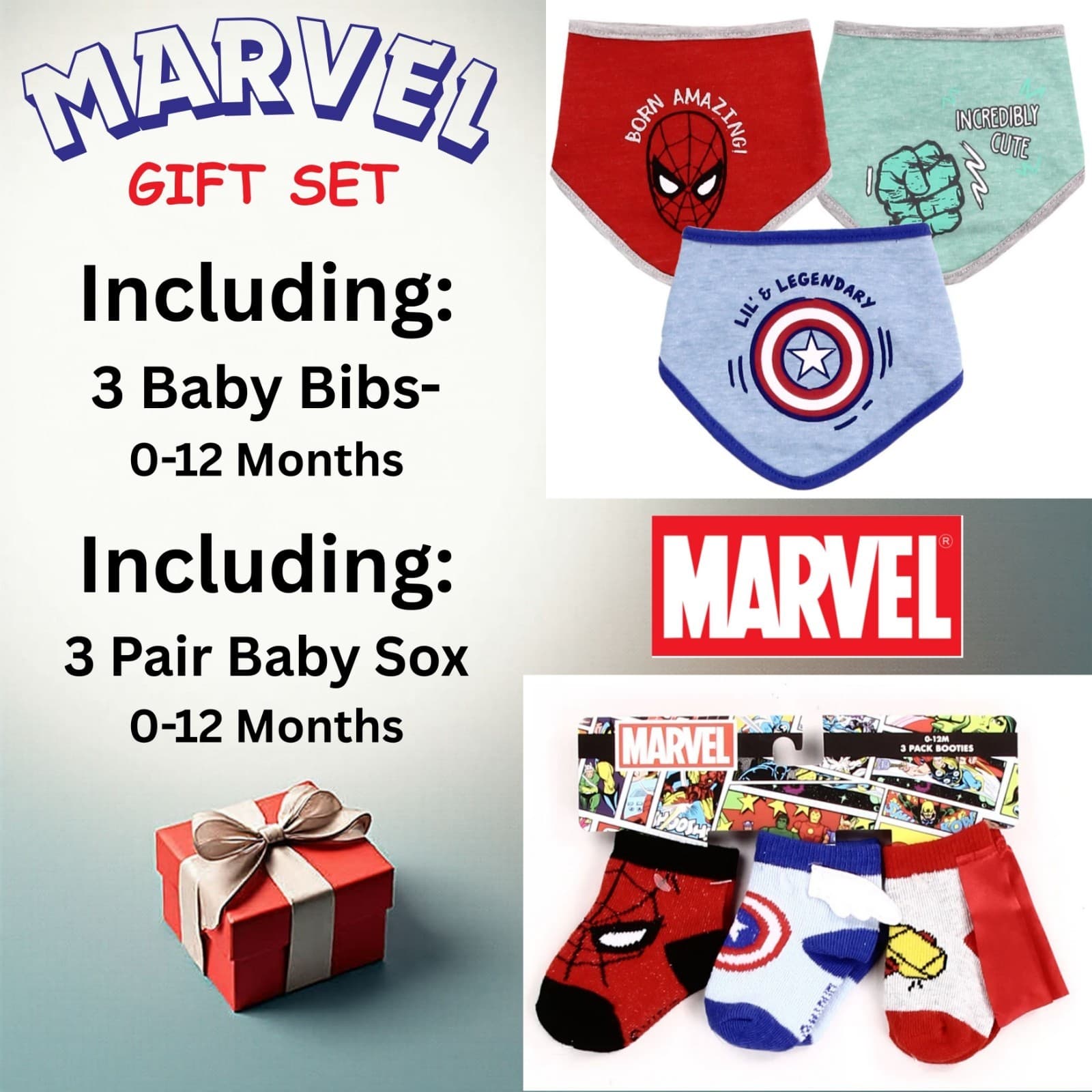 Marvel Boys Bibs & Socks Gift Set 0-12M Spiderman Hulk Captain America Gift Set