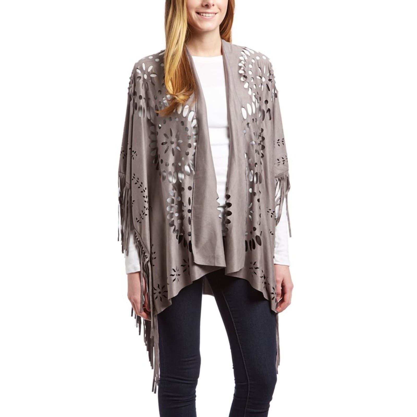 Mauve Faux Suede Western Style Poncho Ruana Cut Outs One Size Fringe (Copy)
