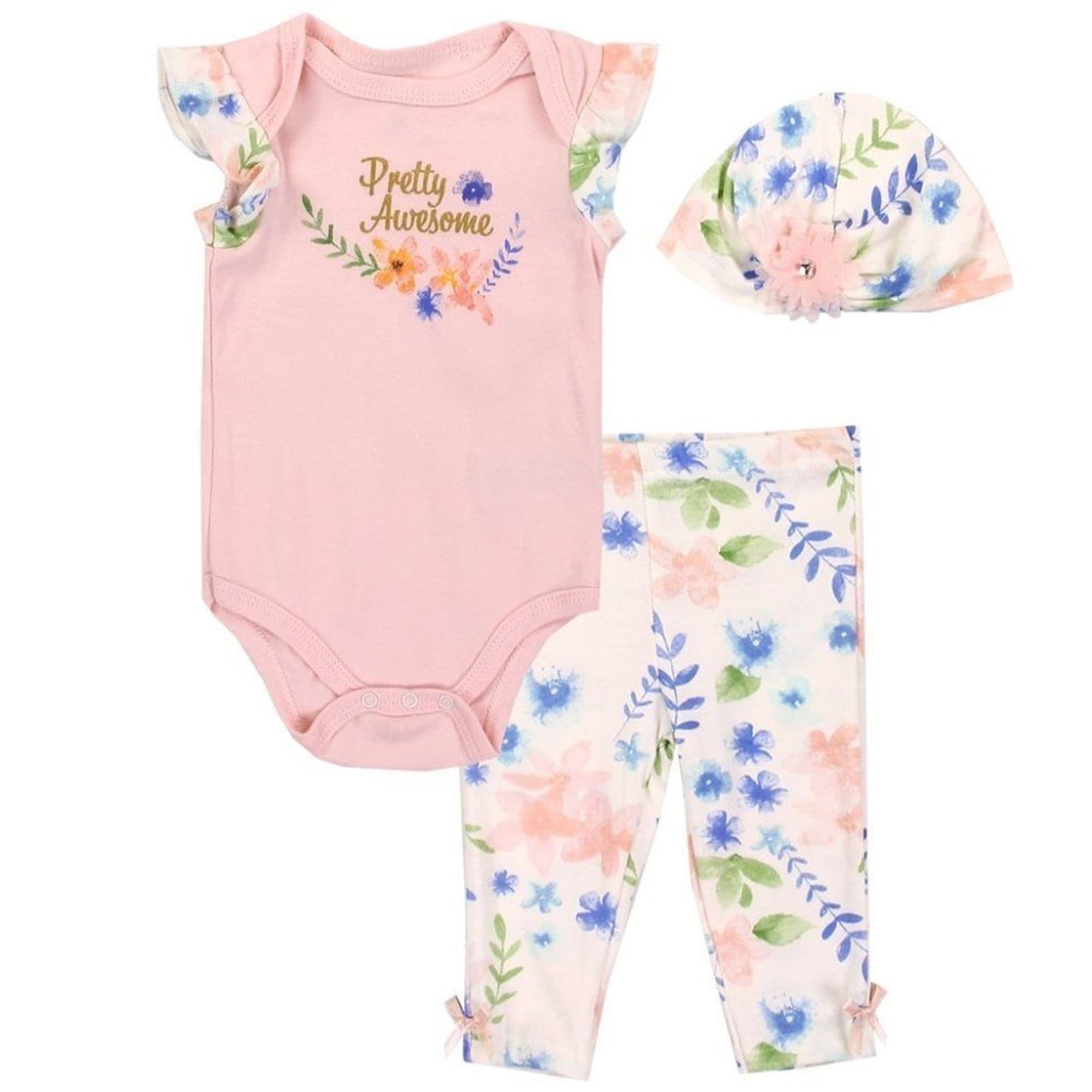 Catherine Malandrino Baby Girls Pink 3Pc Set |Creeper Pant Hat | 100% Cotton 6-9