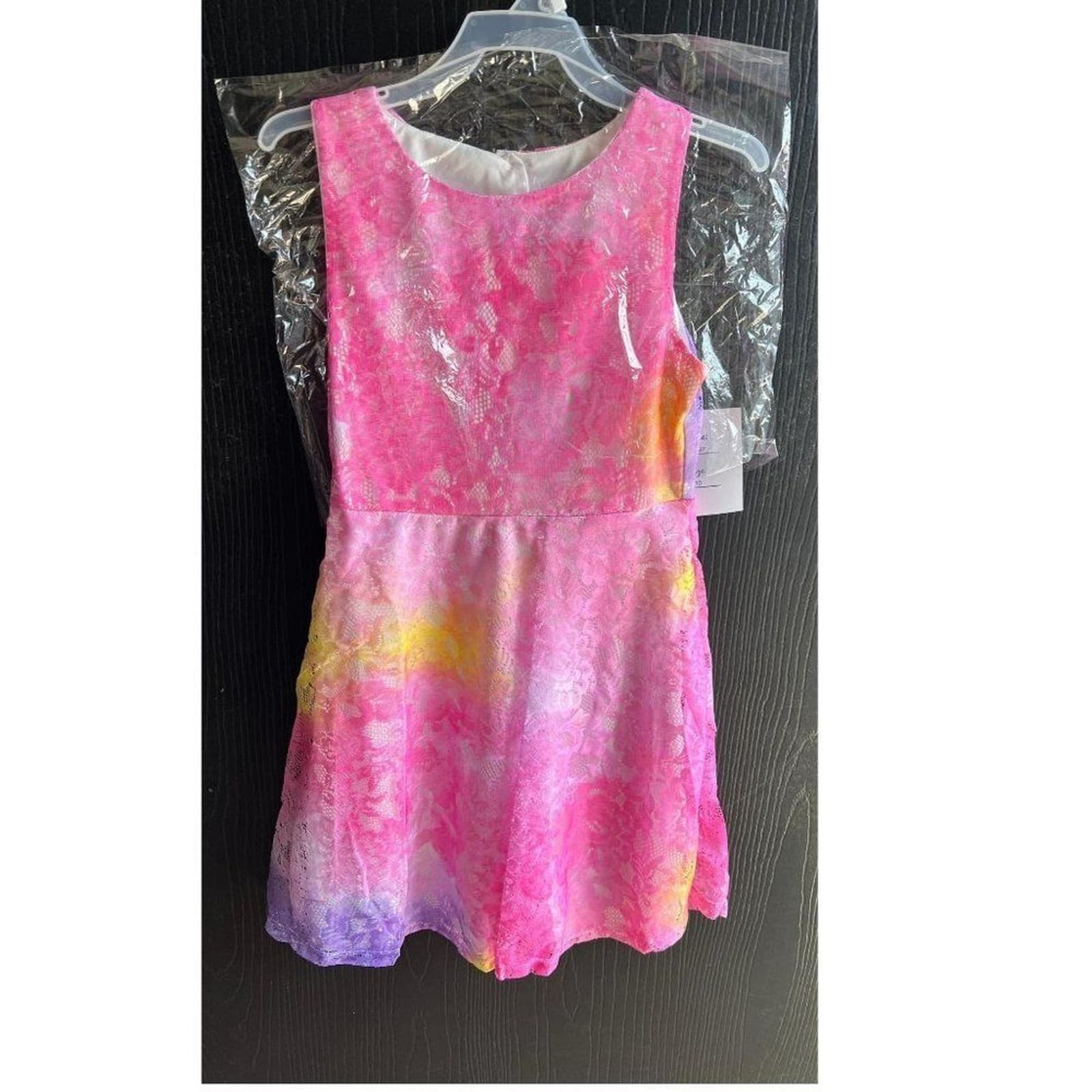 Girls Tie Dye Easter Dress Lace Pink Yellow Purple Lace Over The Skirt Size 10