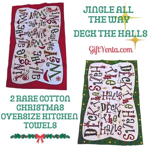 2 Whimsical Christmas Kitchen Towels Discontinued Jingle and Deck the Halls