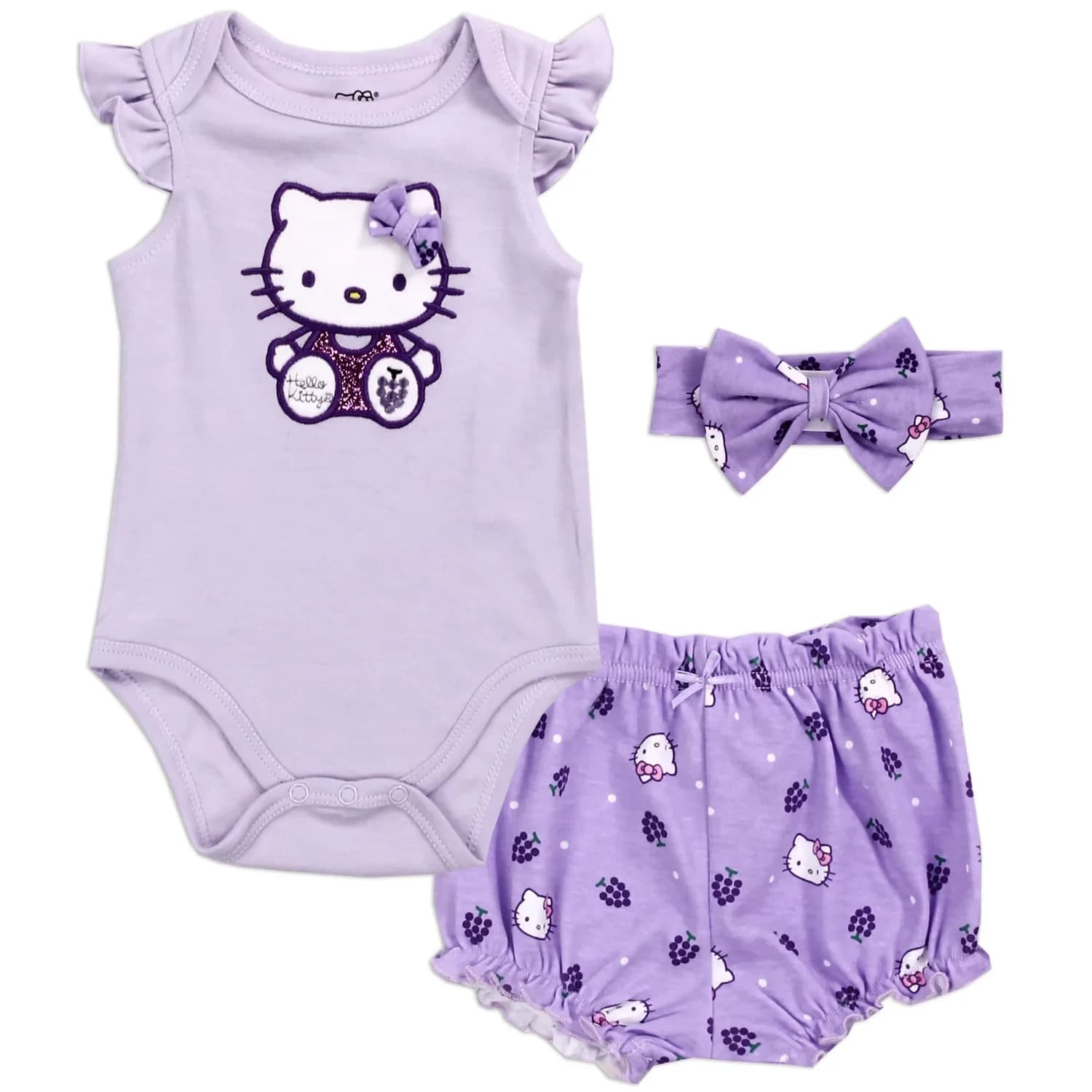 HELLO KITTY Newborn Girls 3-Piece Bodysuit, Short & Headband Set, Size 9M