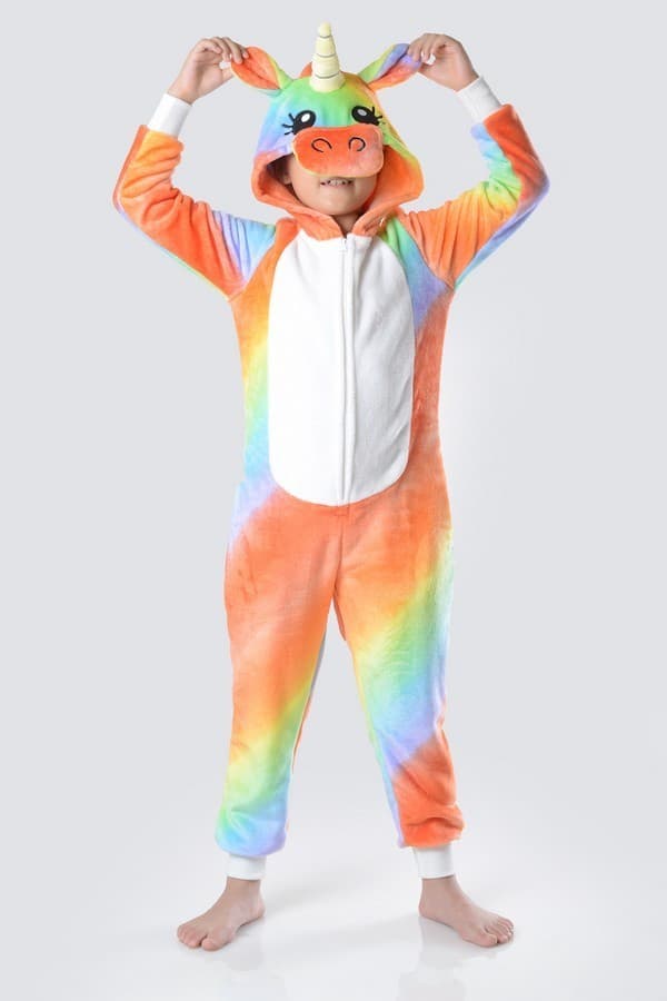 Kids Rainbow Unicorn Costume Bodysuit Soft Sleeper Hood Face Tail Pockets S-L