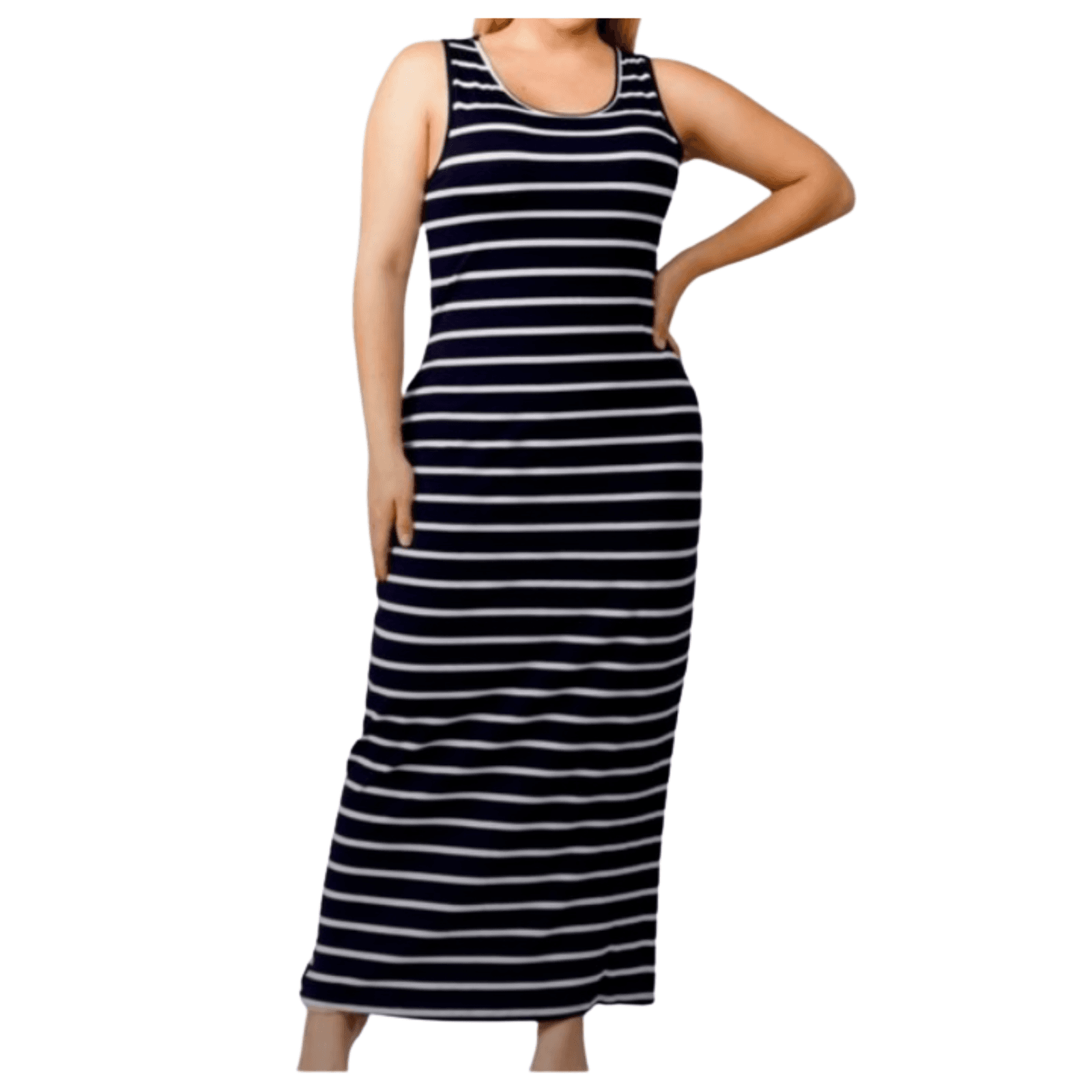 Plus 2XL 3XL Women's Navy Blue White Striped Tank Maxi Dress Flatters Yelete