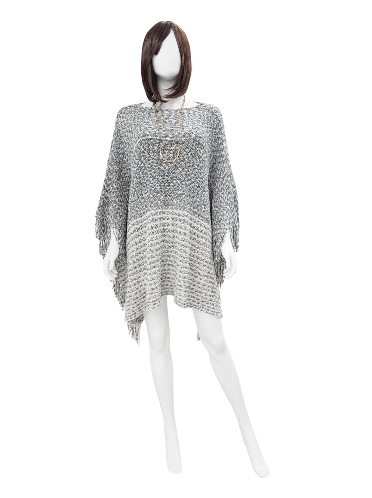 Knit Tassel Poncho Silver Grey Bohemian-Style One Size Two Tone Soft Knit Shawl