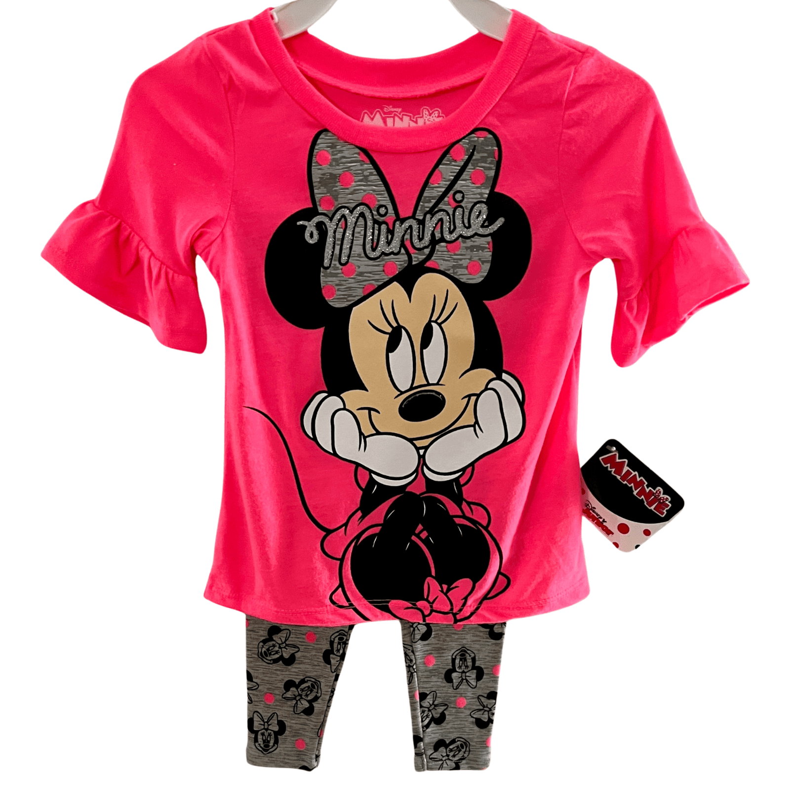 Minnie Mouse Baby Girls 2Pc Legging Set/12M Coral & Grey Silver Glitter.