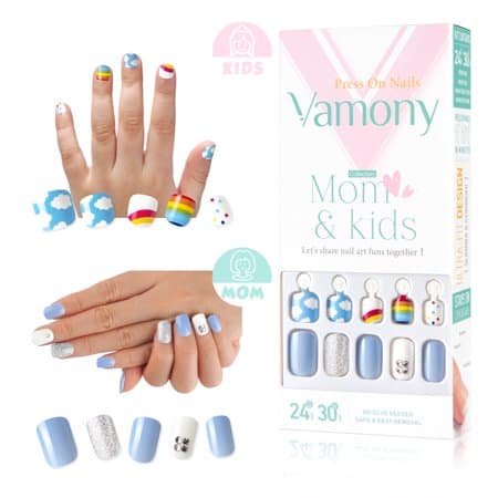 Press on Nails for Kids and Mom - Vamony 54 Pcs Short Square Fake Nails Artificial Nails Gift for Girls Women Blue Sky Cute Stick on False Nails Sum