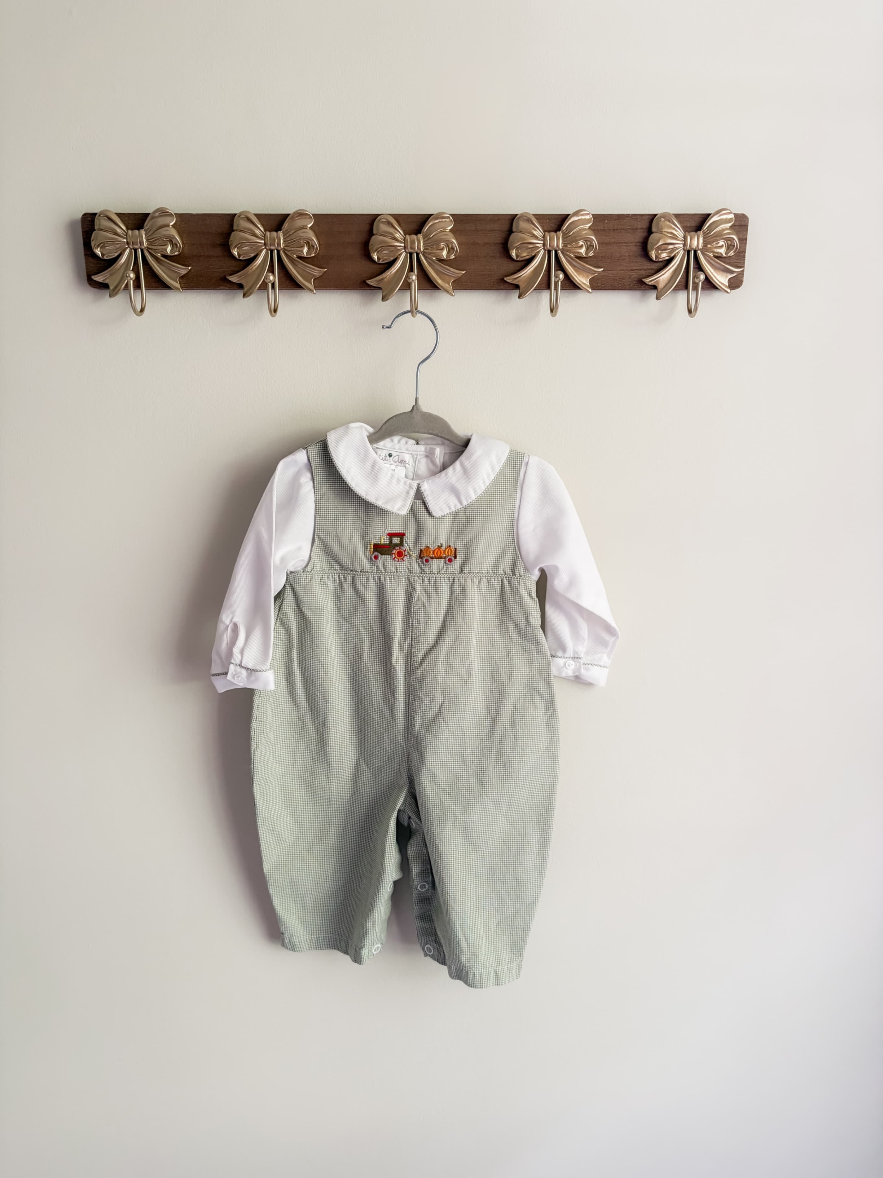 Petit Ami size 9 months Green Gingham Romper with Fall Train Embroidery