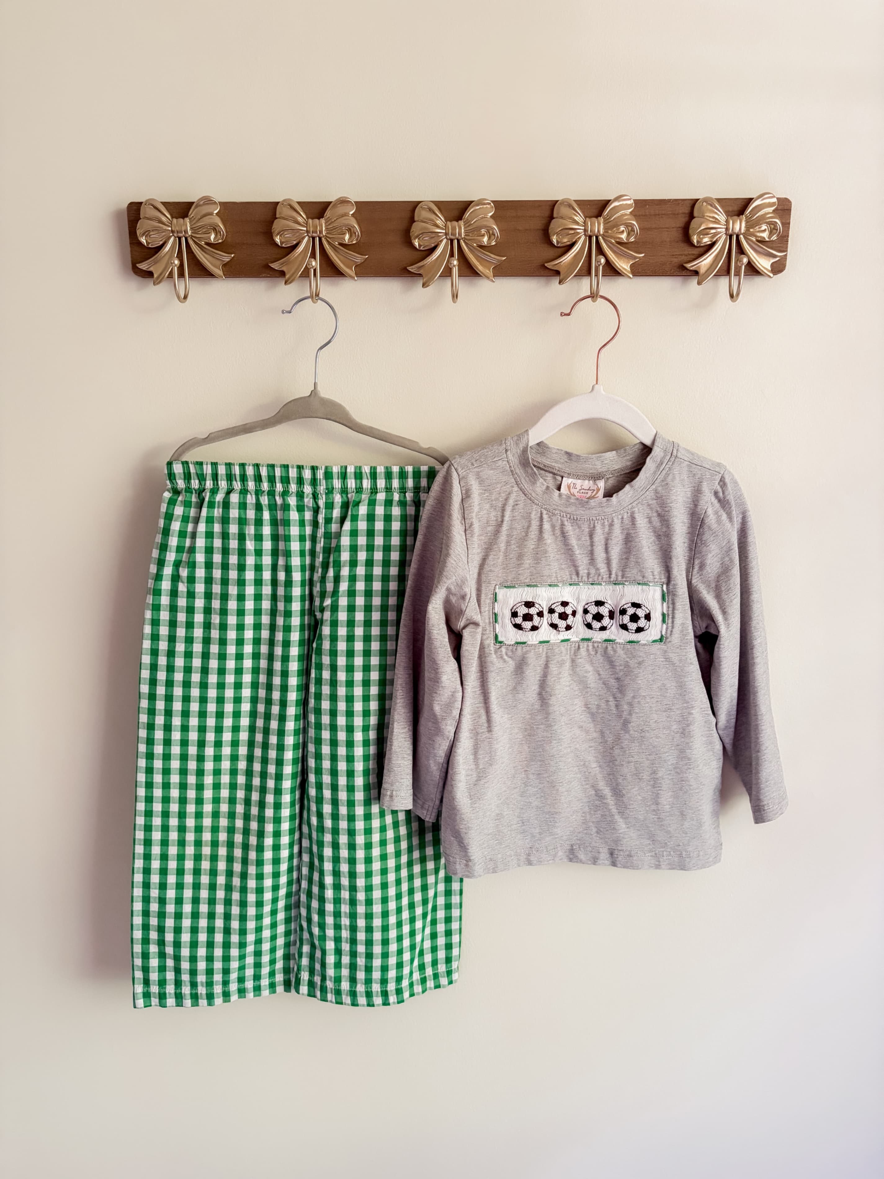 The Smocking Place boys size 4 Soccer Top and Green Gingham Pants Set