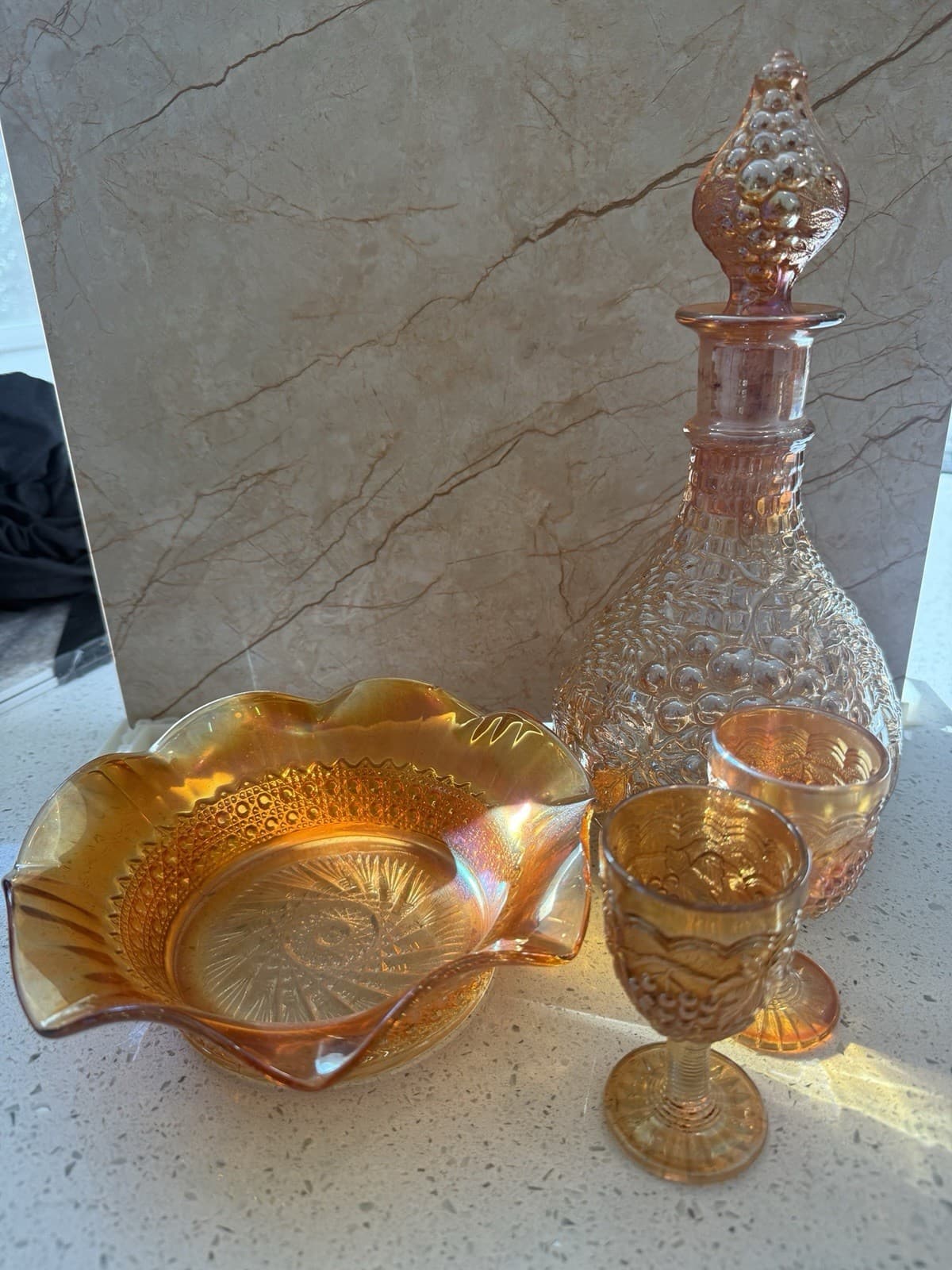 Vintage Iridescent Carnival Glass Decanter, Two Glasses and Ruffled Bowl Set
