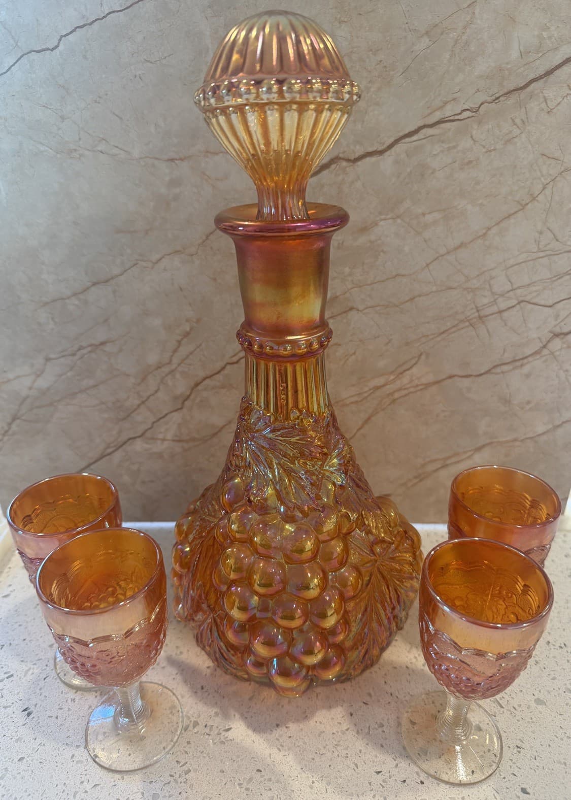 Vintage Grape Pattern Carnival Glass Decanter Set with 4 Glasses, Estate Find