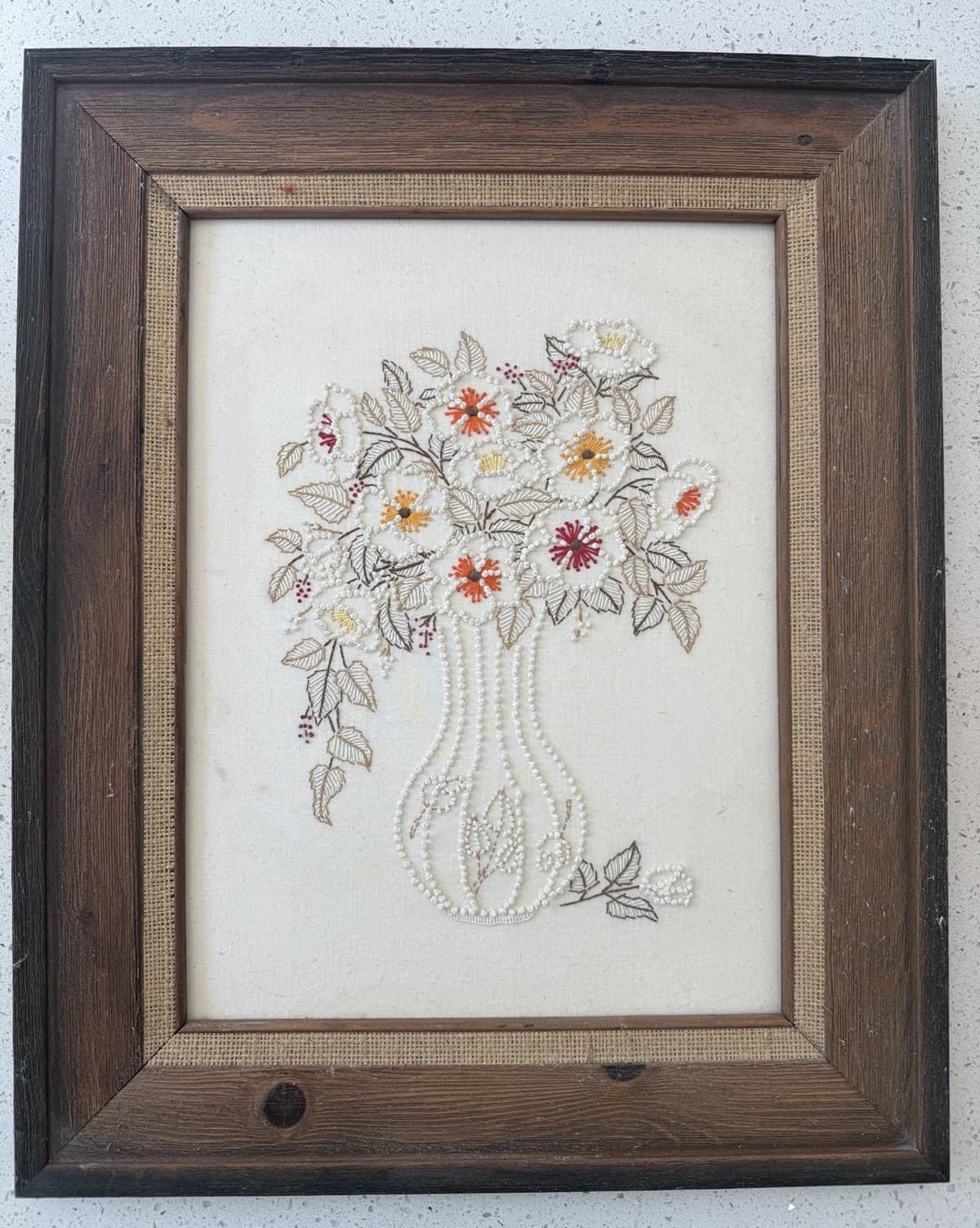 Vintage Framed Candlewick Floral Embroidery