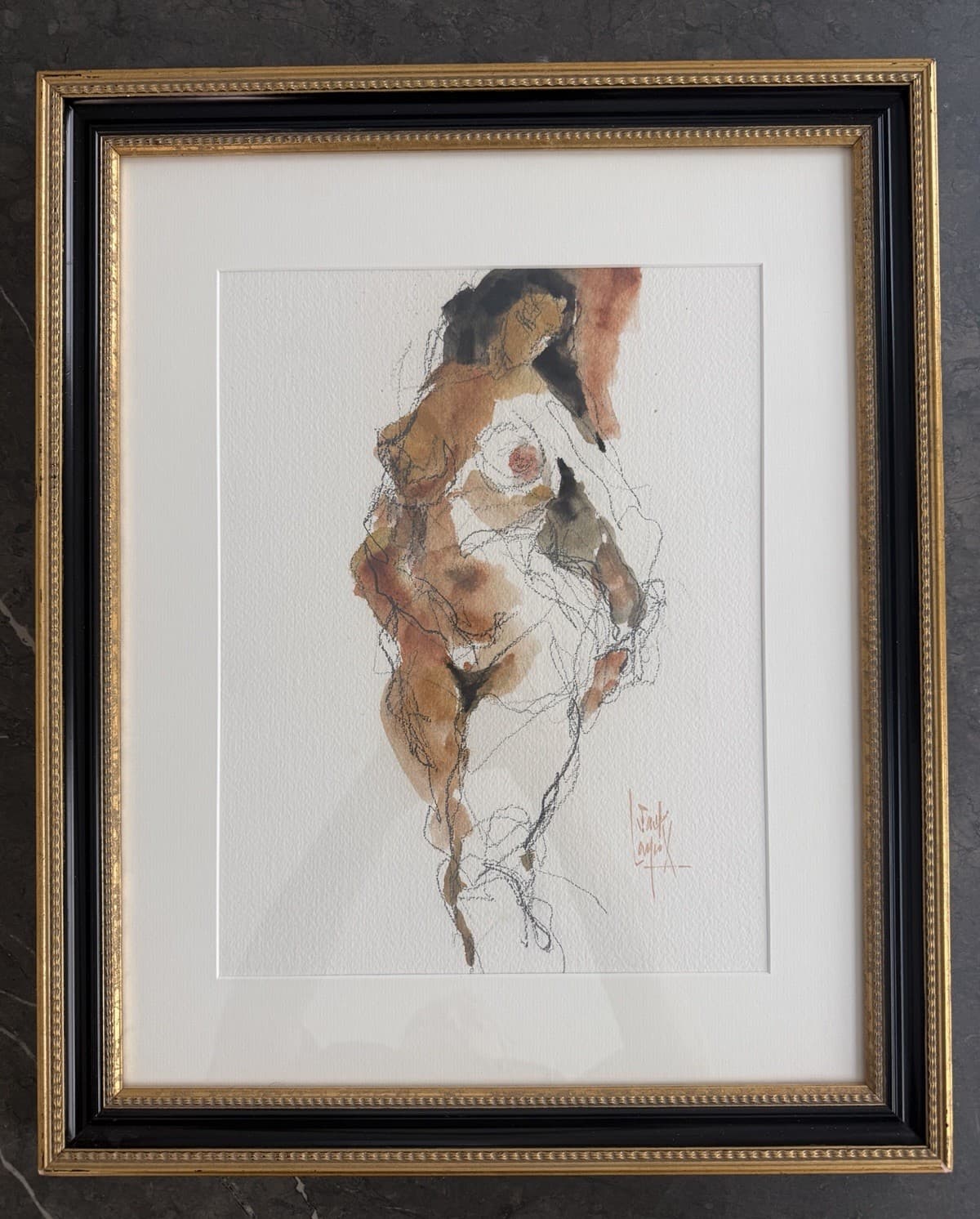 Vintage Framed Watercolor and Charcoal Nude Figure Study by Jack Laycox