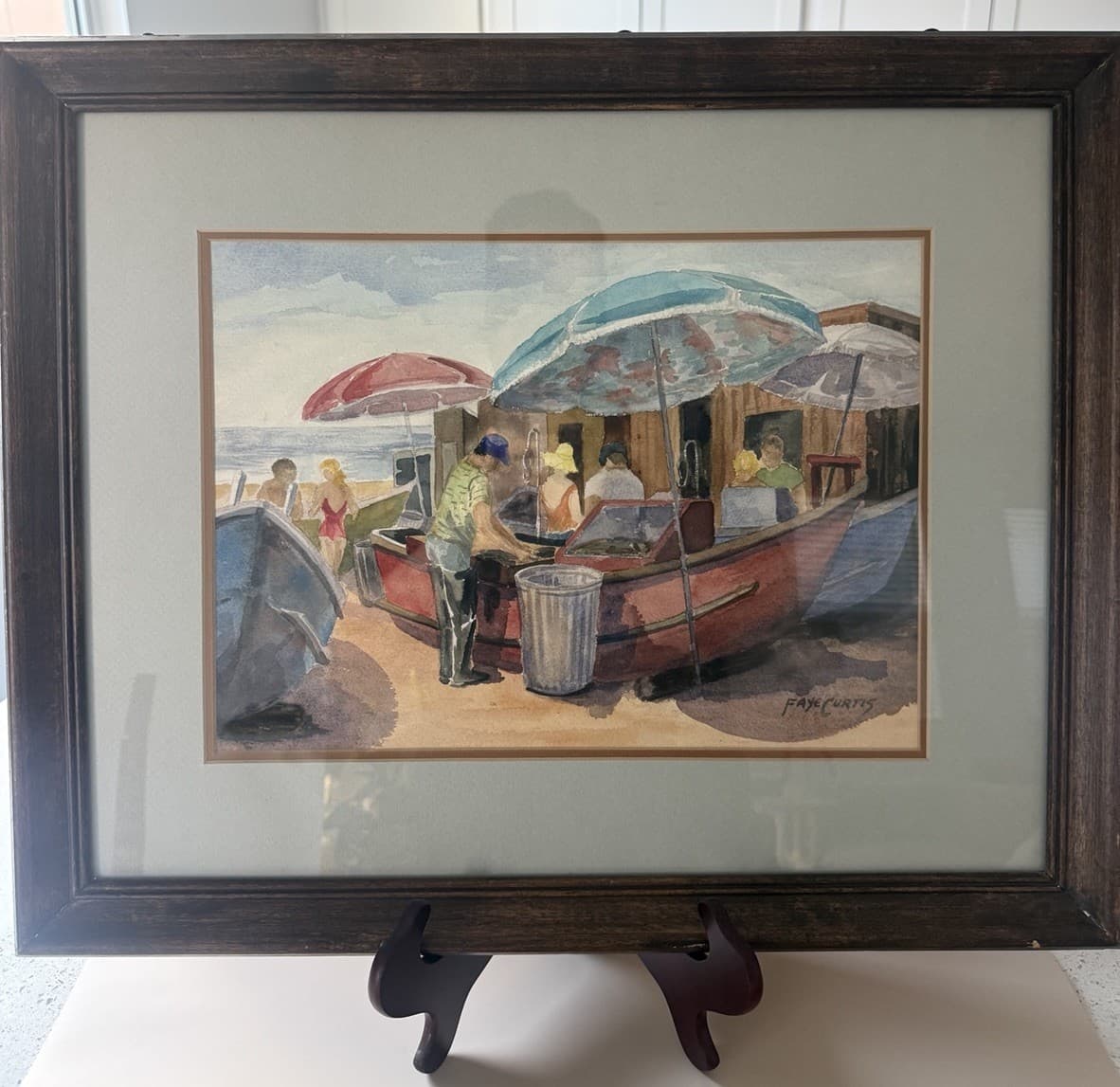 Vintage Beach Scene Watercolor Painting by Faye Curtis