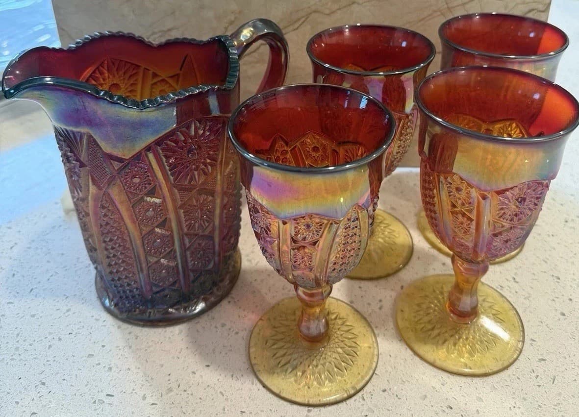 Indiana Glass Company Ruby Red Carnival Glass Pitcher and Four Goblets