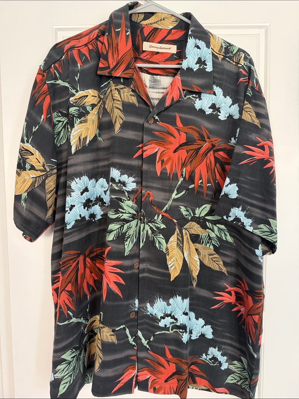 Men's Tommy Bahama Black Tropical Button-Up Shirt with Red & Blue Florals XL