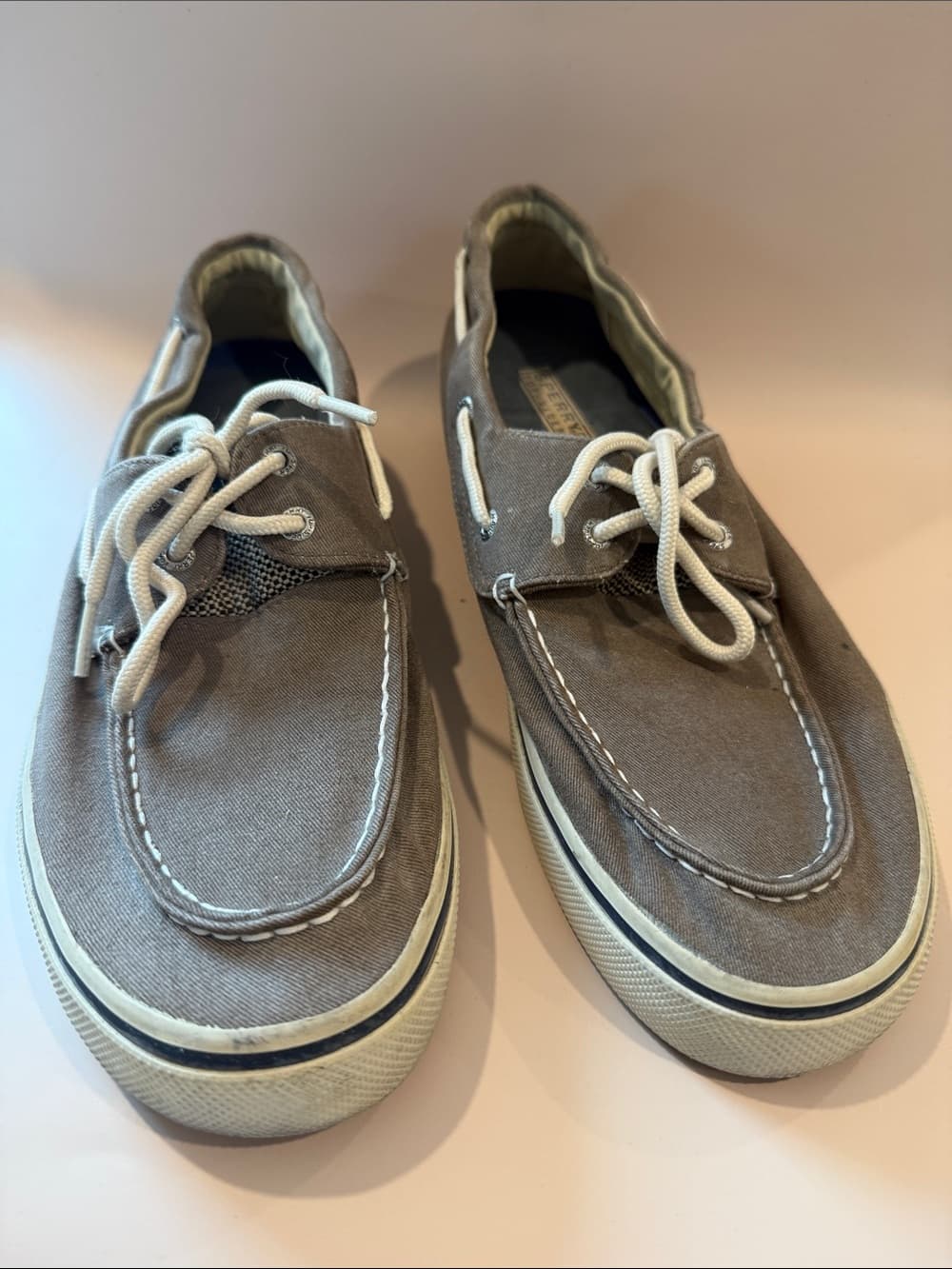 Sperry Taupe Canvas Boat Shoes with White Laces Size 12