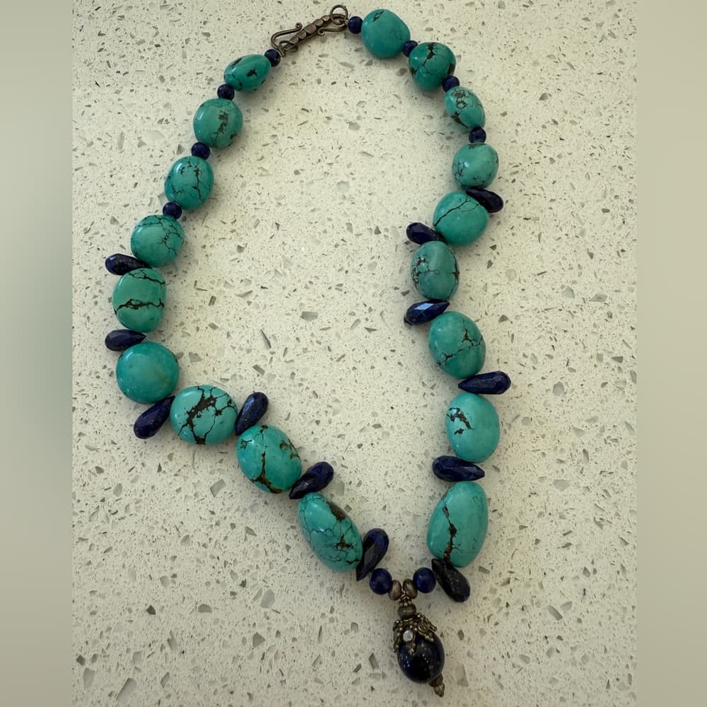 Turquoise and Lapis Necklace with Sterling Silver Clasp
