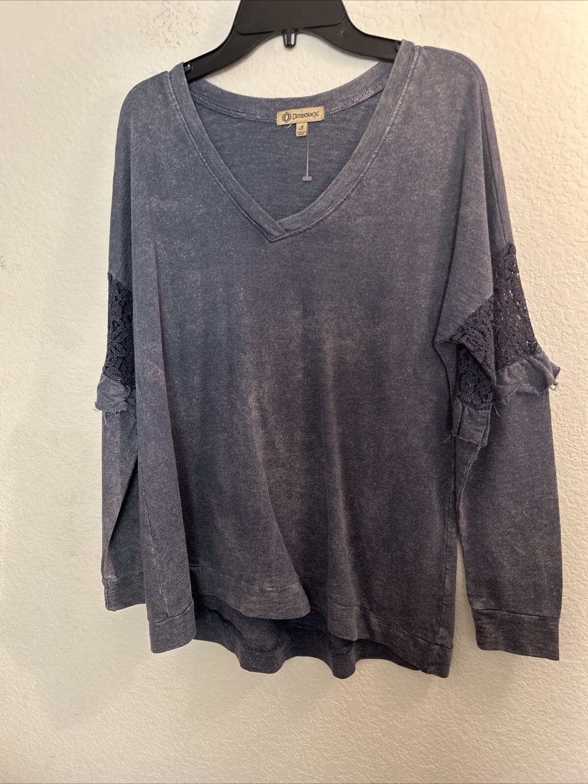 Democracy Dark Blue With Lace On Sleeve Sweater Medium NWOT