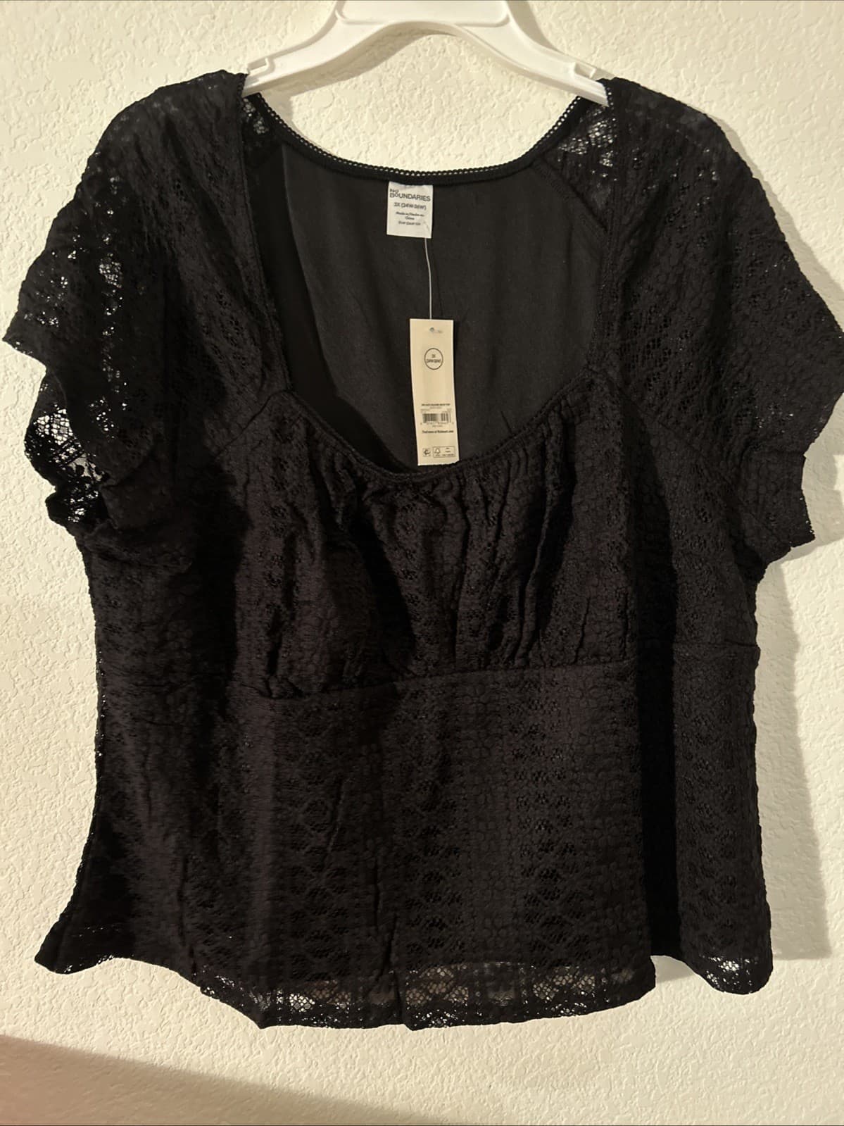 Women’s No Boundaries Lace Square Neck Top 3X (24W-26W) Black NWT Short Sleeve