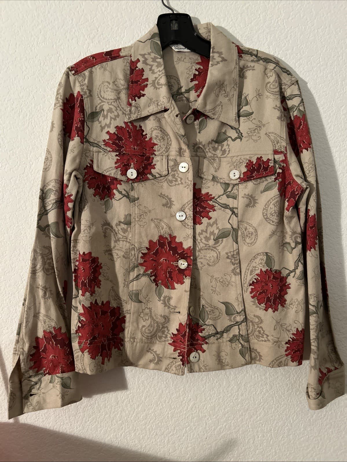 French Laundry Jacket Womens Small Floral Button Down Beige Red Linen/Rayon