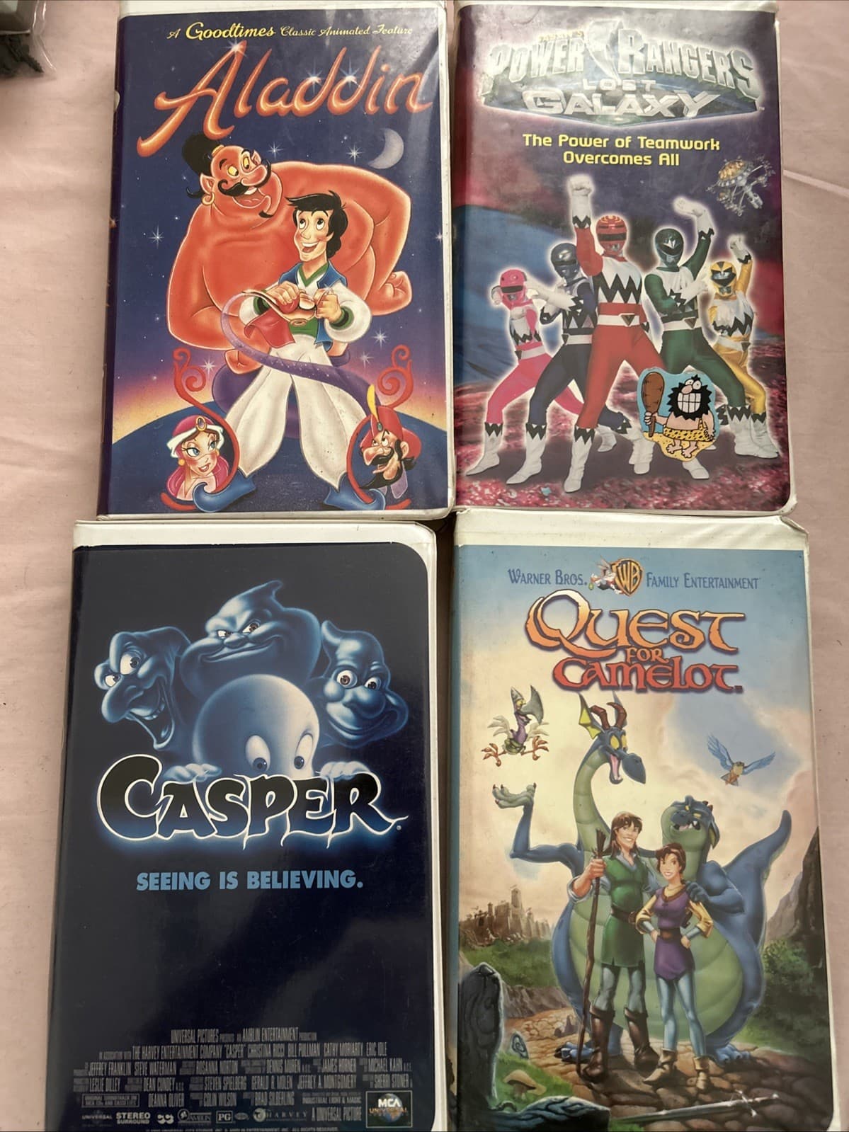 Lot Of 4 VHS Kids Movies Casper Aladdin, Power Rangers quest of Camelot