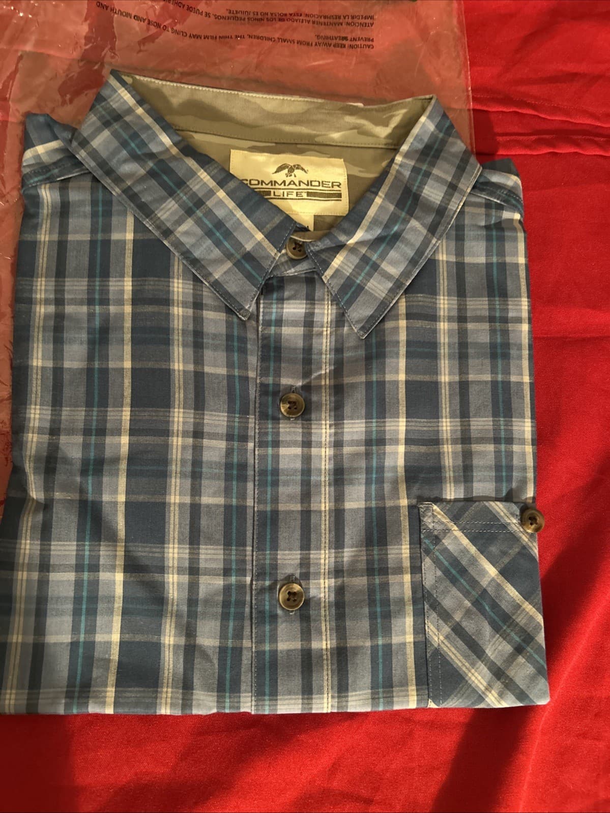 Men’s Large Commander Life Glassing Woven Button Down Blue NWT Long Sleeve