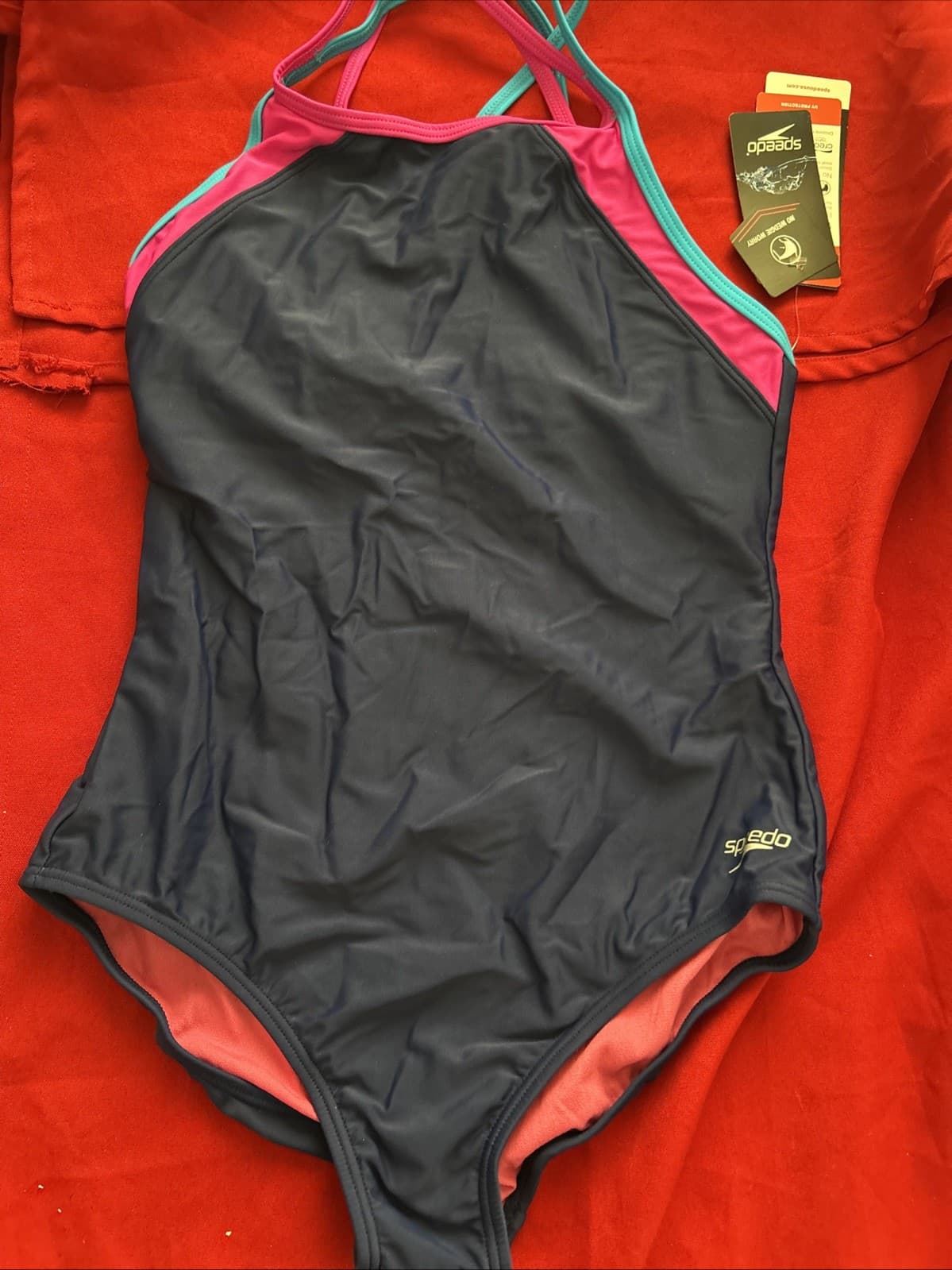 Speedo Big Girls 16 Navy Cross Back Splice 1 Piece Swimsuit No Wedgie UV Protect