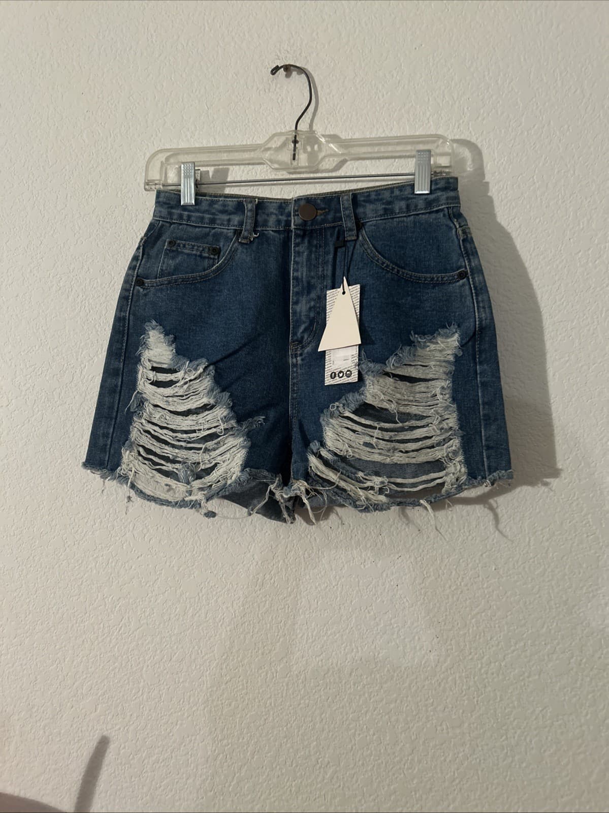 Boohoo Blue Shorts Womens Size 4 Cut Off Denim Destroyed Ripped High Waisted
