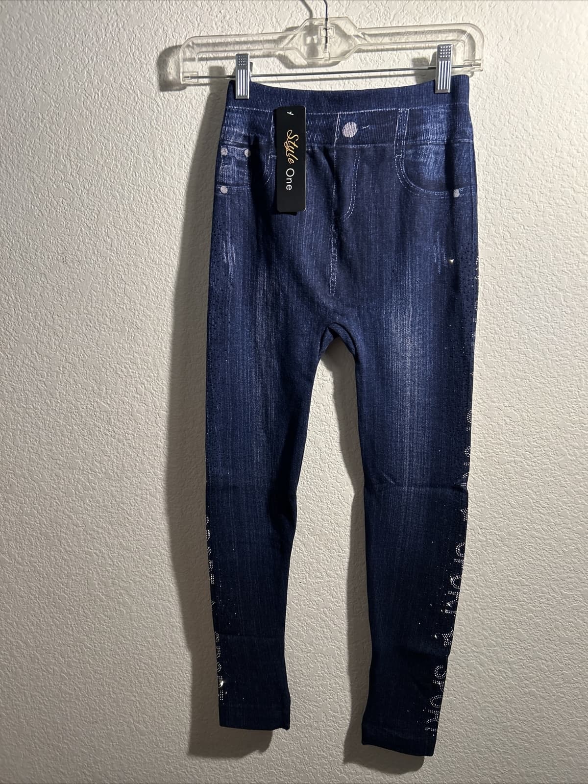 Women’s Style One Regular One Size Leggings Navy Blue Sport Rhinestones On Legs