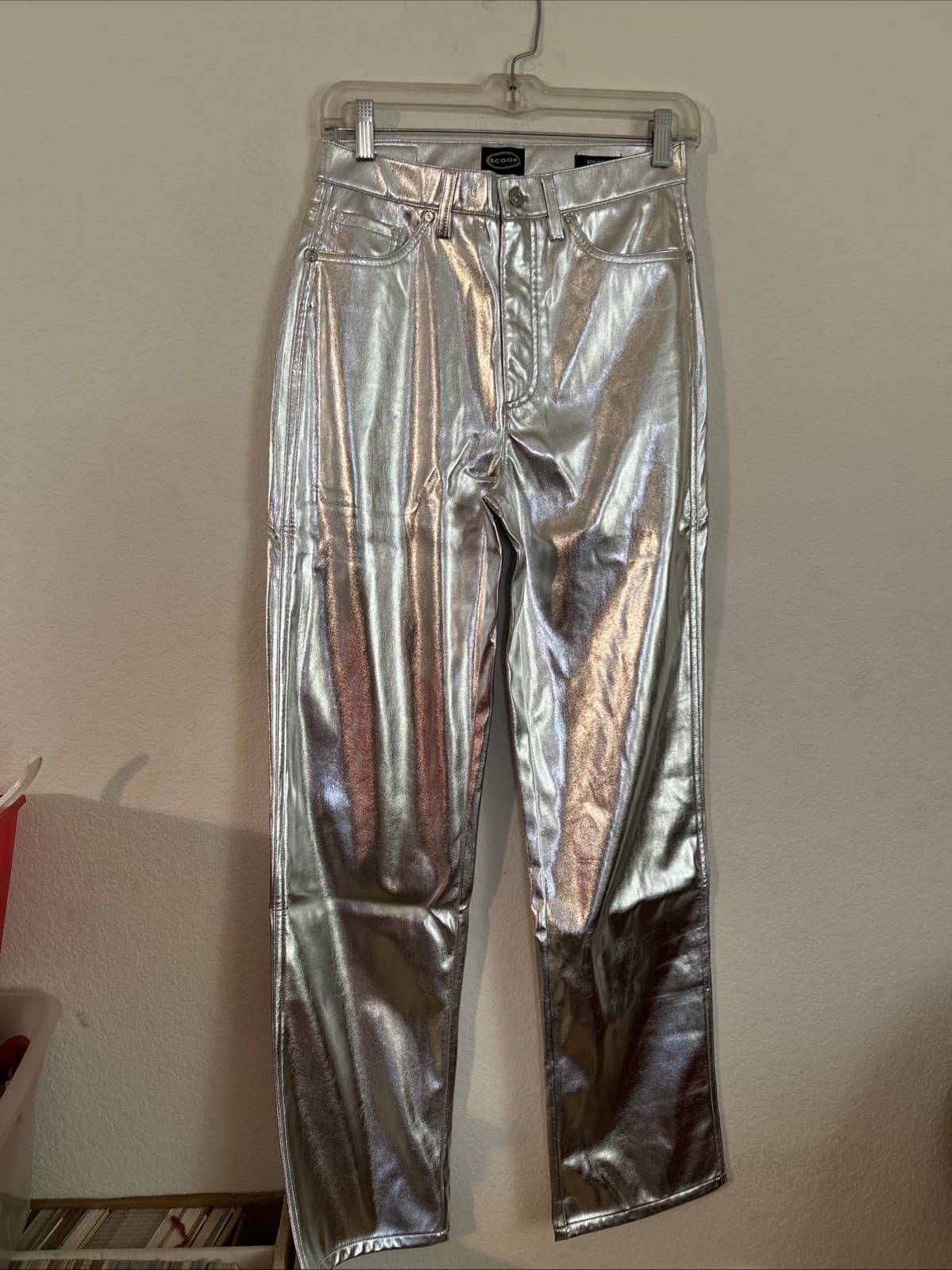 Scoop pants trousers slacks Stove Pipe women's 4 metallic silver straight leg