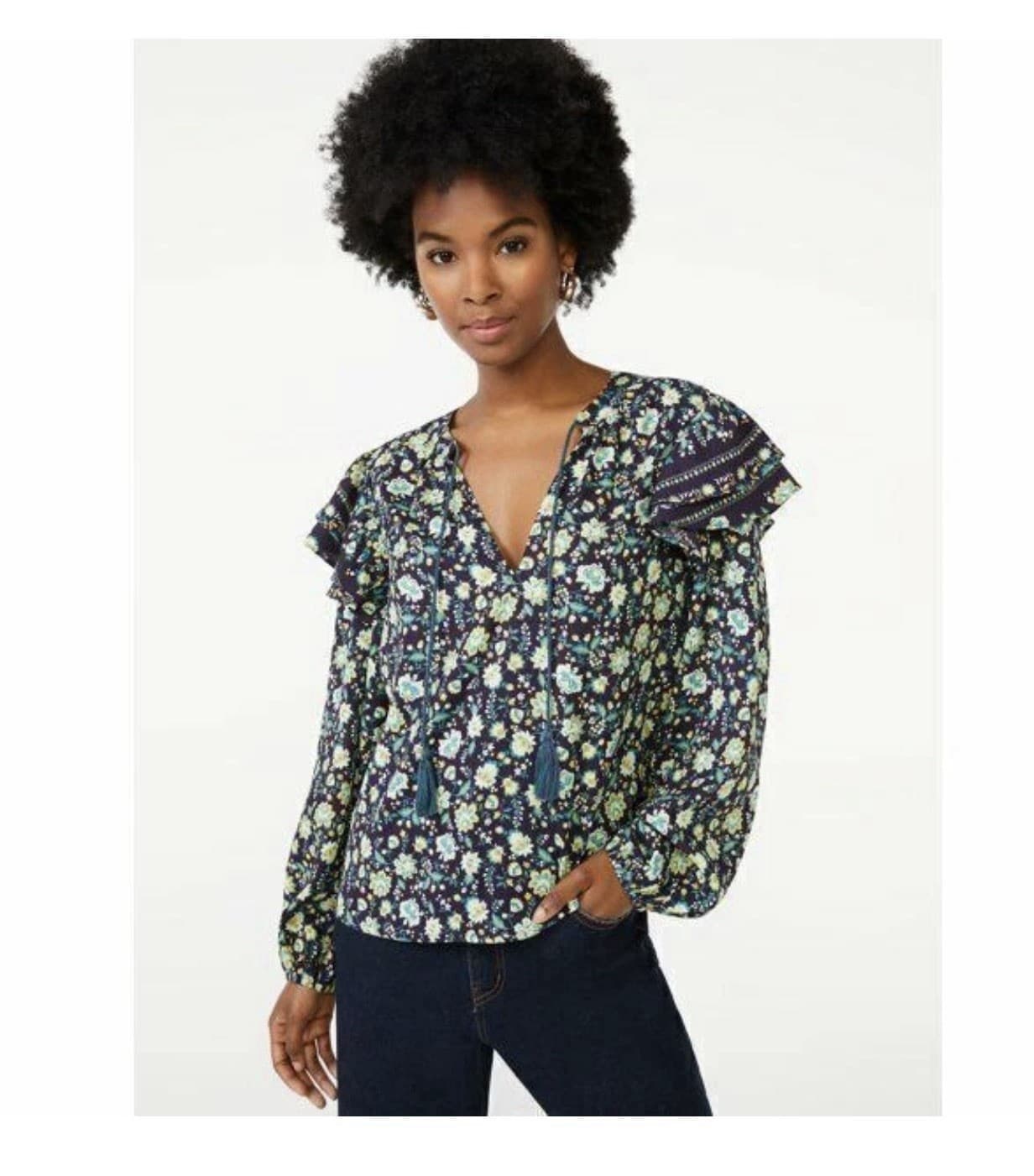 Scoop Women's Ruffle Print Peasant Top, Medium (8-10) NWT Multi Color
