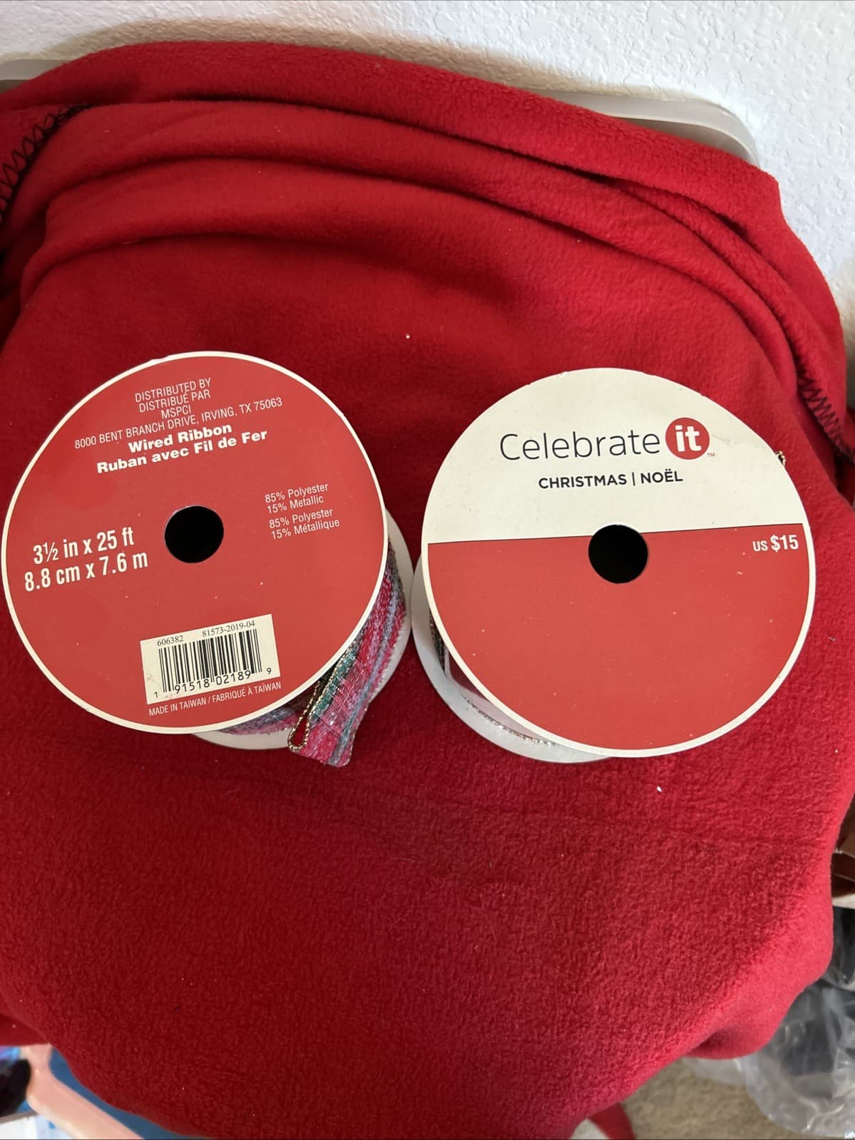 Christmas Wired Ribbon New 3 1/2 X 25 Ft Celebrate It Lot Of 2