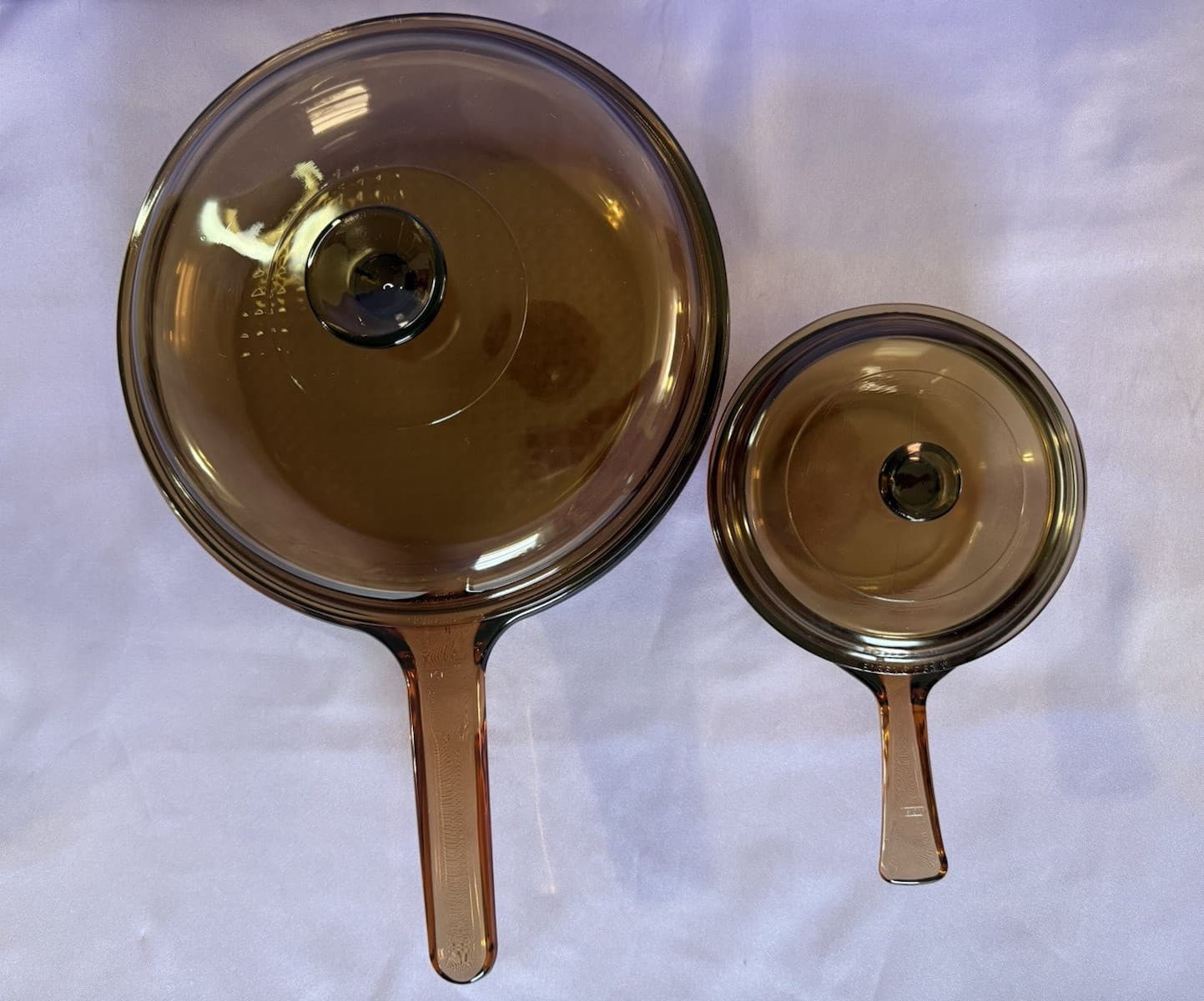 VTG 4pc VISIONS PYREX Amber Glass Saucepan Set w/ Lids