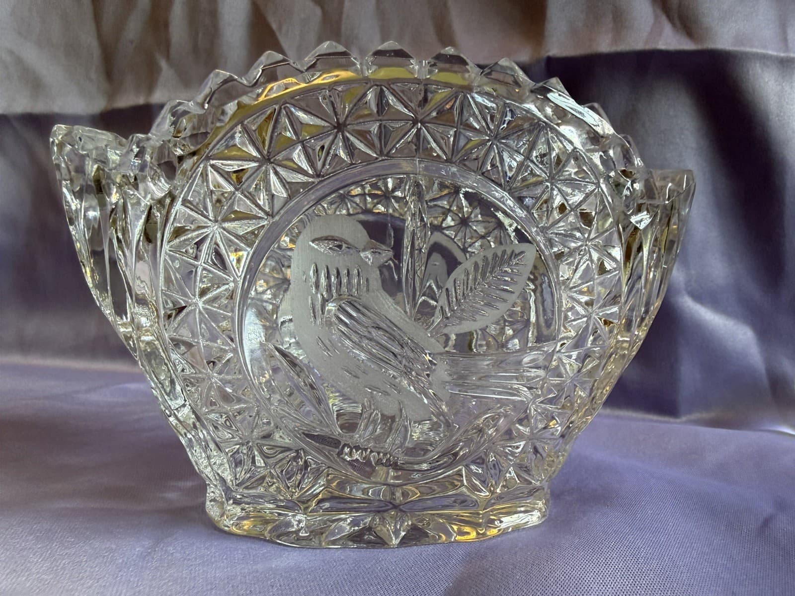 Vintage 8" Hofbauer The Byrdes Collection 1970s Footed Etched Lead Crystal Bowl
